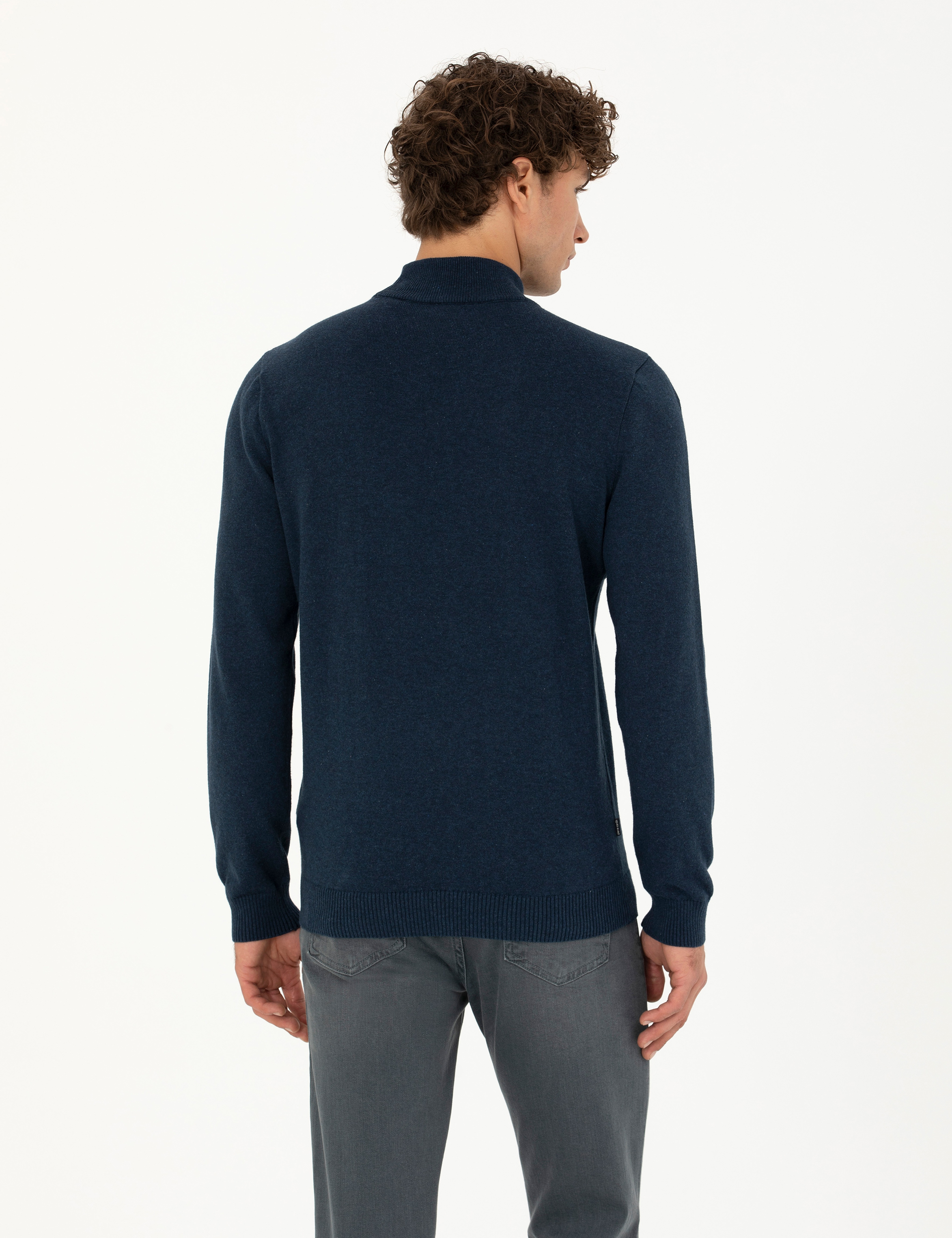 Lacivert Melanj Slim Fit Yarım Balıkçı Yaka Triko Kazak - Image 5