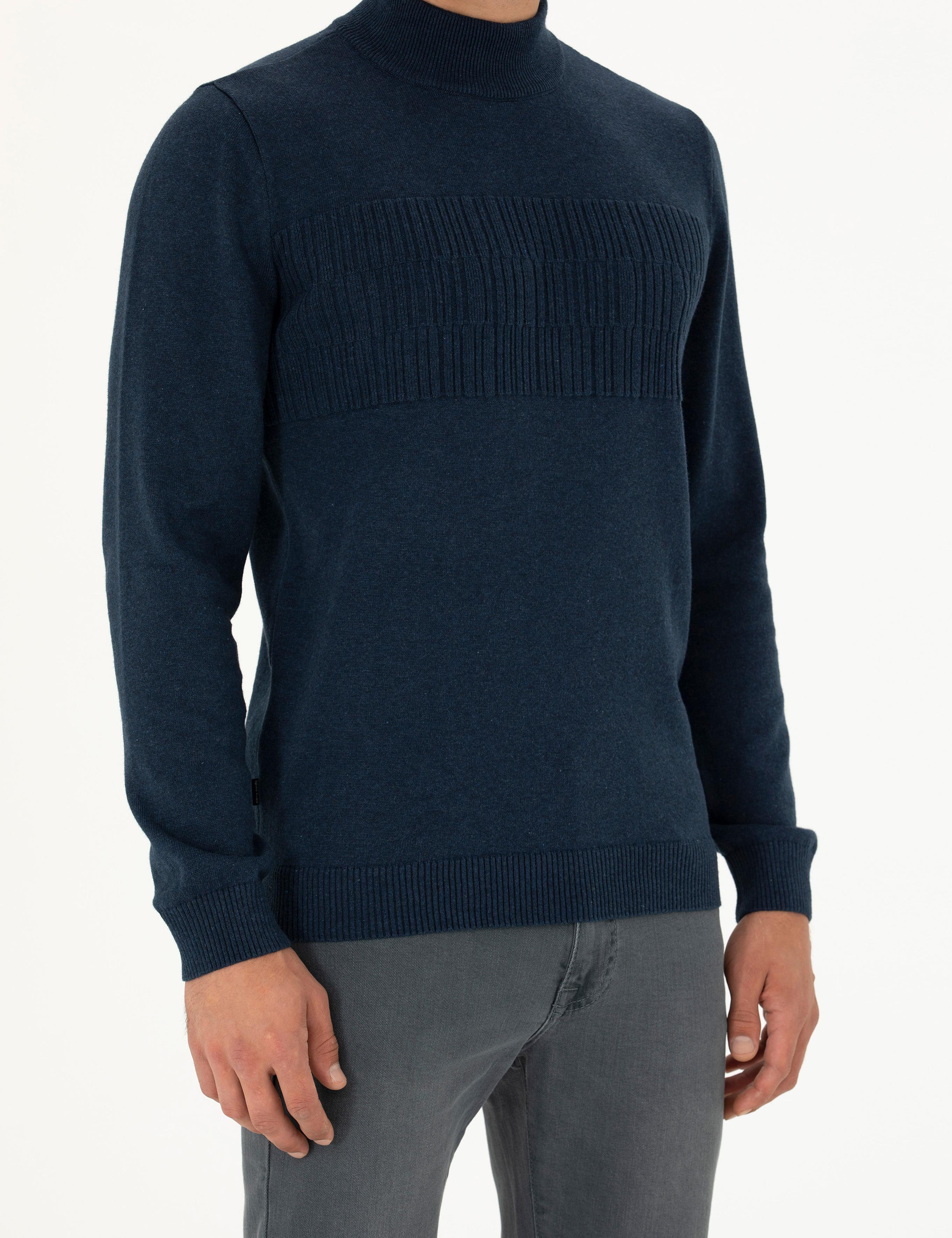 Lacivert Melanj Slim Fit Yarım Balıkçı Yaka Triko Kazak