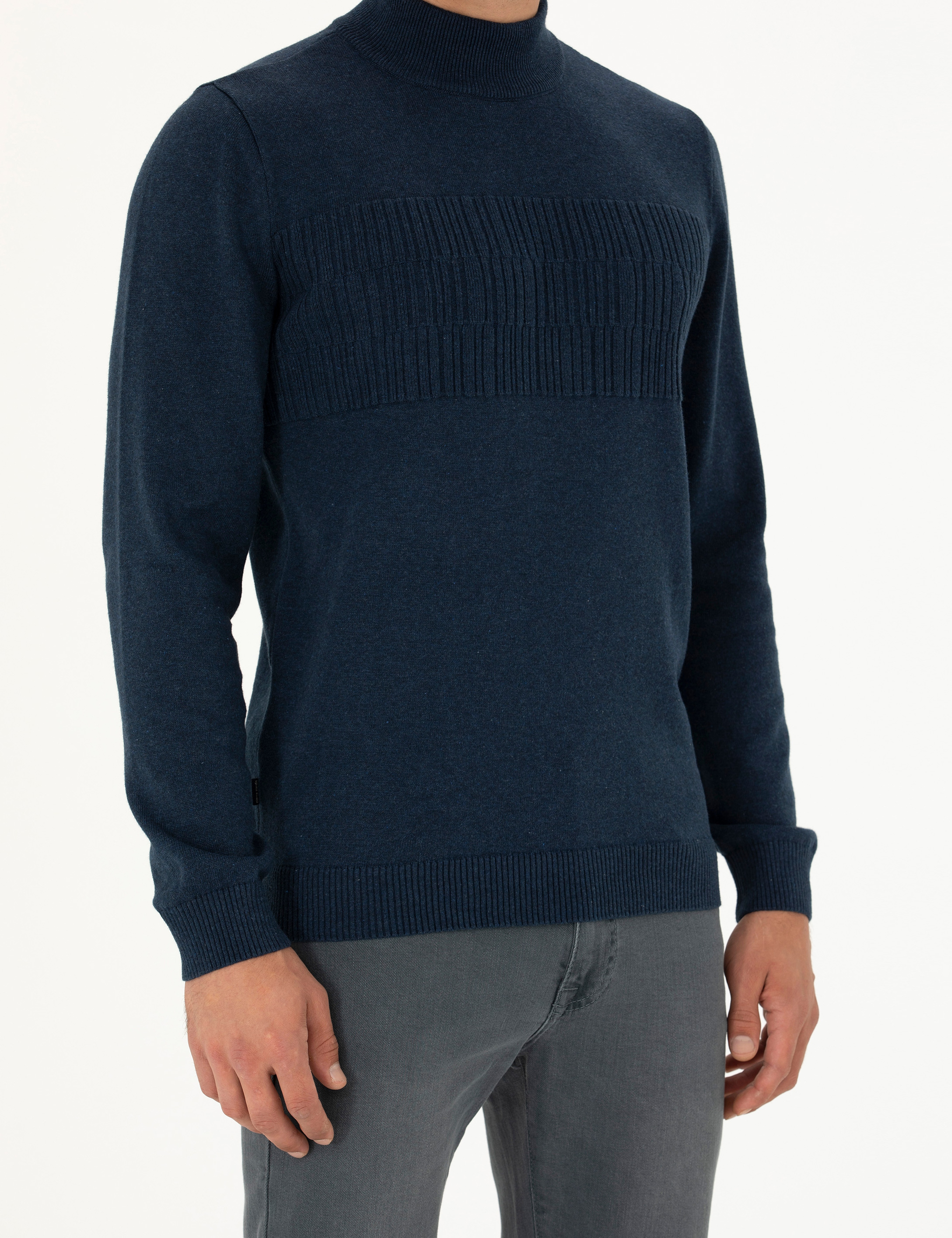 Lacivert Melanj Slim Fit Yarım Balıkçı Yaka Triko Kazak - Image 6