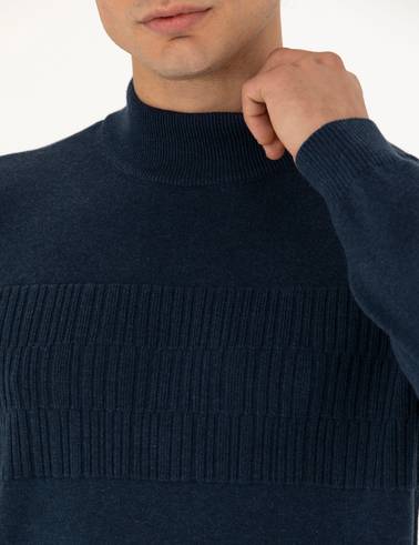 Lacivert Melanj Slim Fit Yarım Balıkçı Yaka Triko Kazak