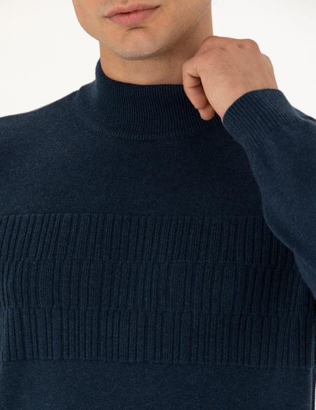 Lacivert Melanj Slim Fit Yarım Balıkçı Yaka Triko Kazak - 50281846008