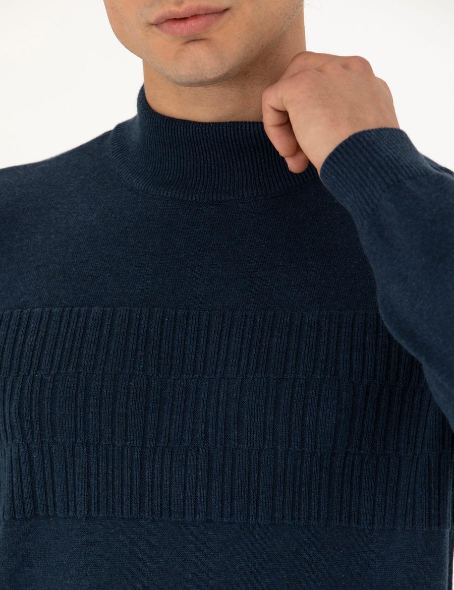 Lacivert Melanj Slim Fit Yarım Balıkçı Yaka Triko Kazak