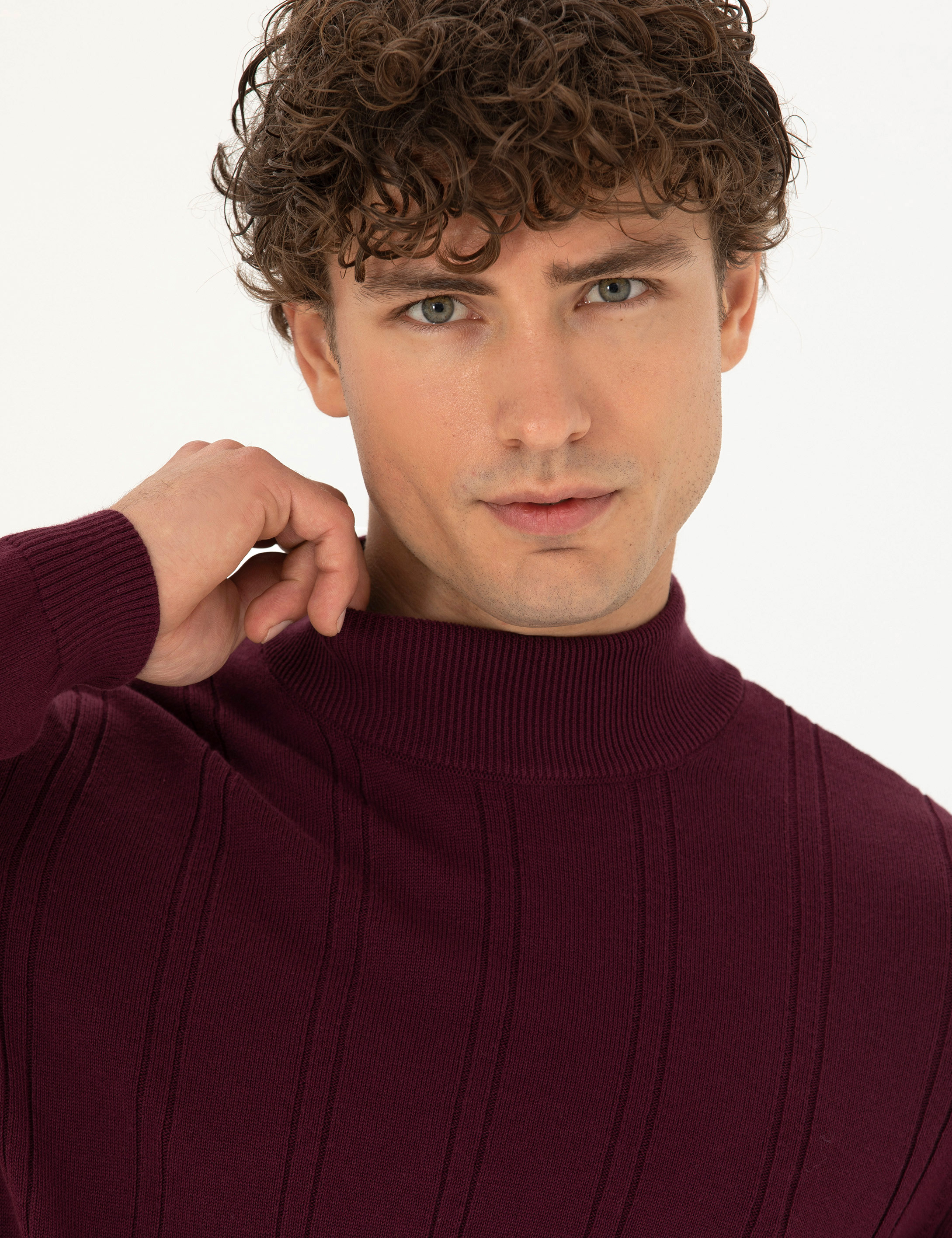 Bordo Slim Fit Yarım Balıkçı Yaka Triko Kazak - Image 2