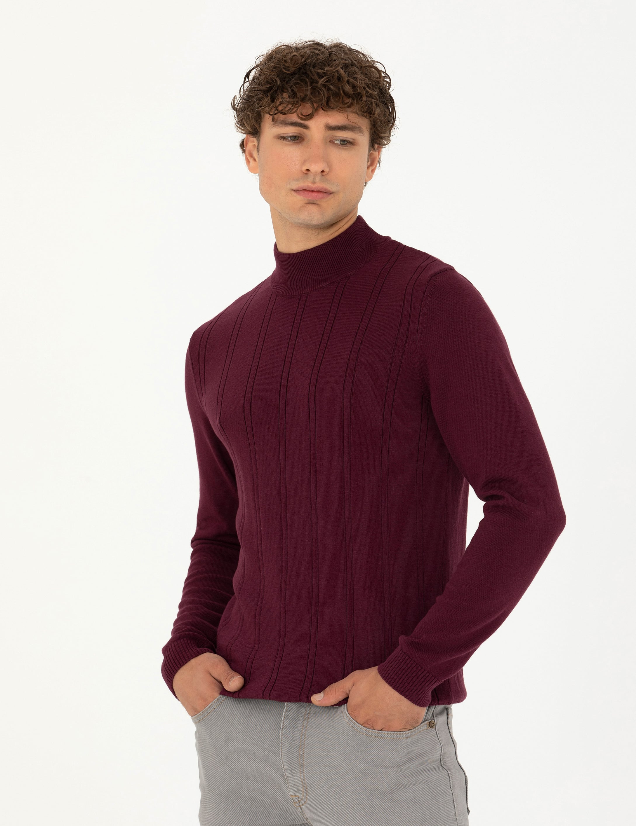 Bordo Slim Fit Yarım Balıkçı Yaka Triko Kazak - Image 1