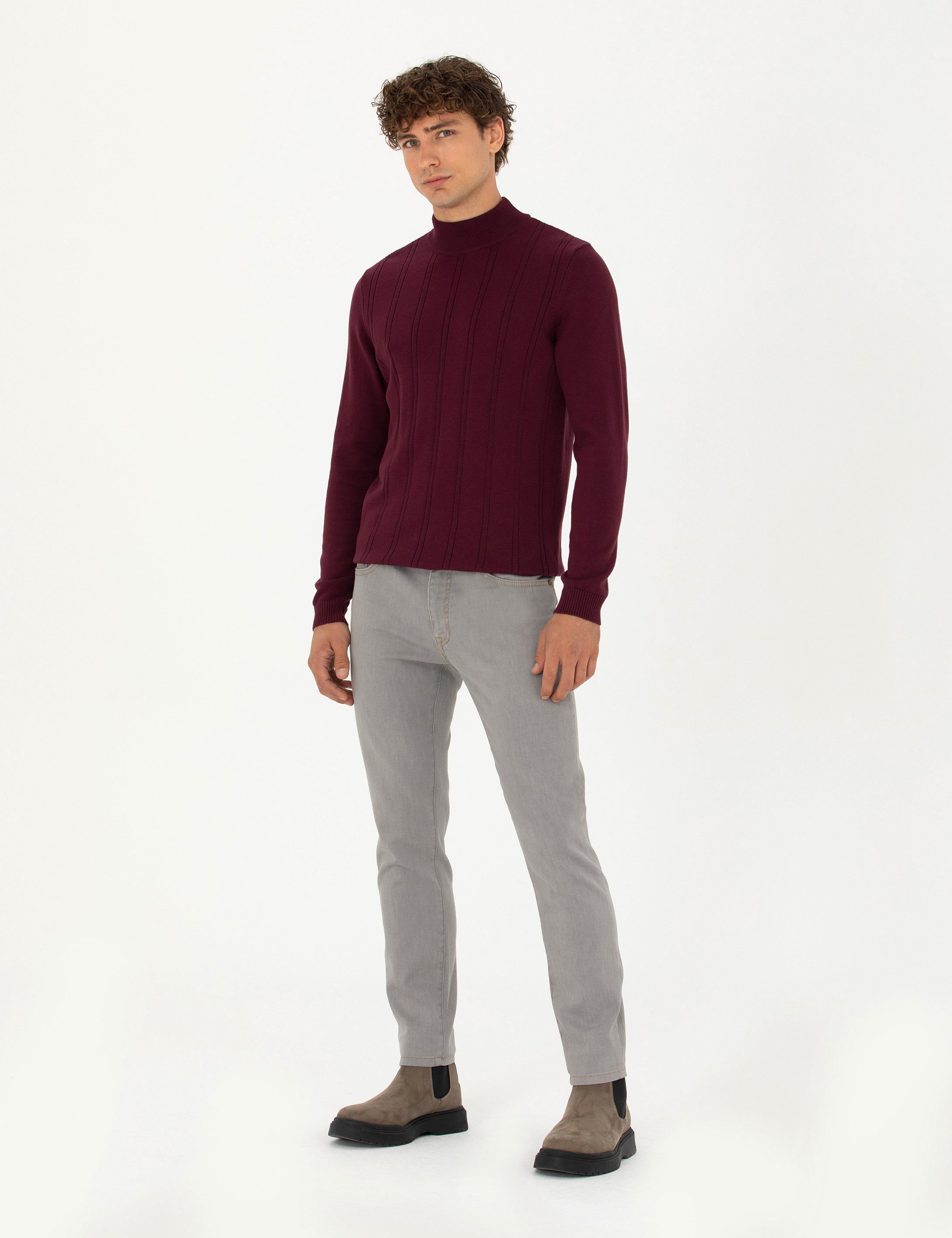 Bordo Slim Fit Yarım Balıkçı Yaka Triko Kazak - Image 4