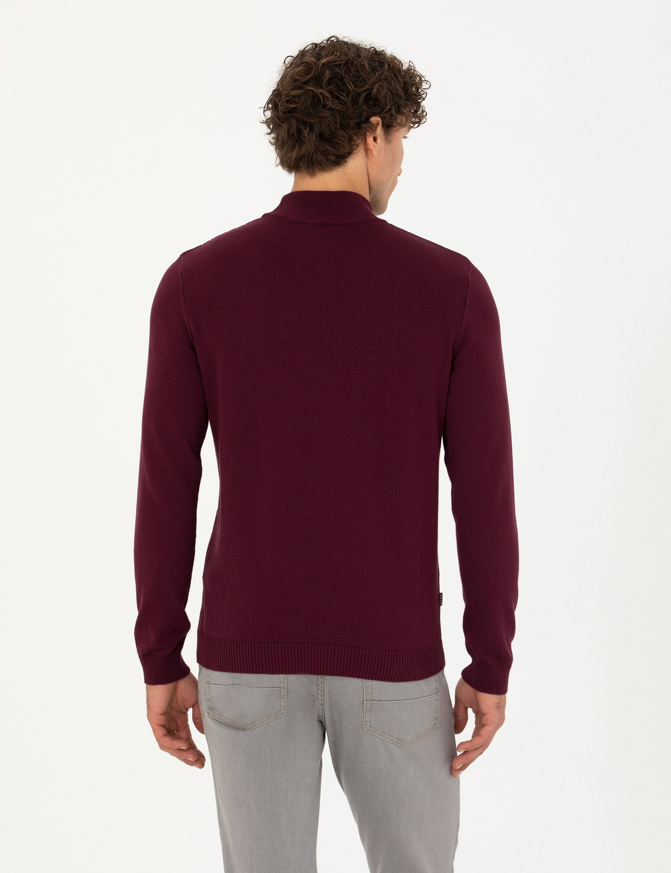 Bordo Slim Fit Yarım Balıkçı Yaka Triko Kazak - Image 5