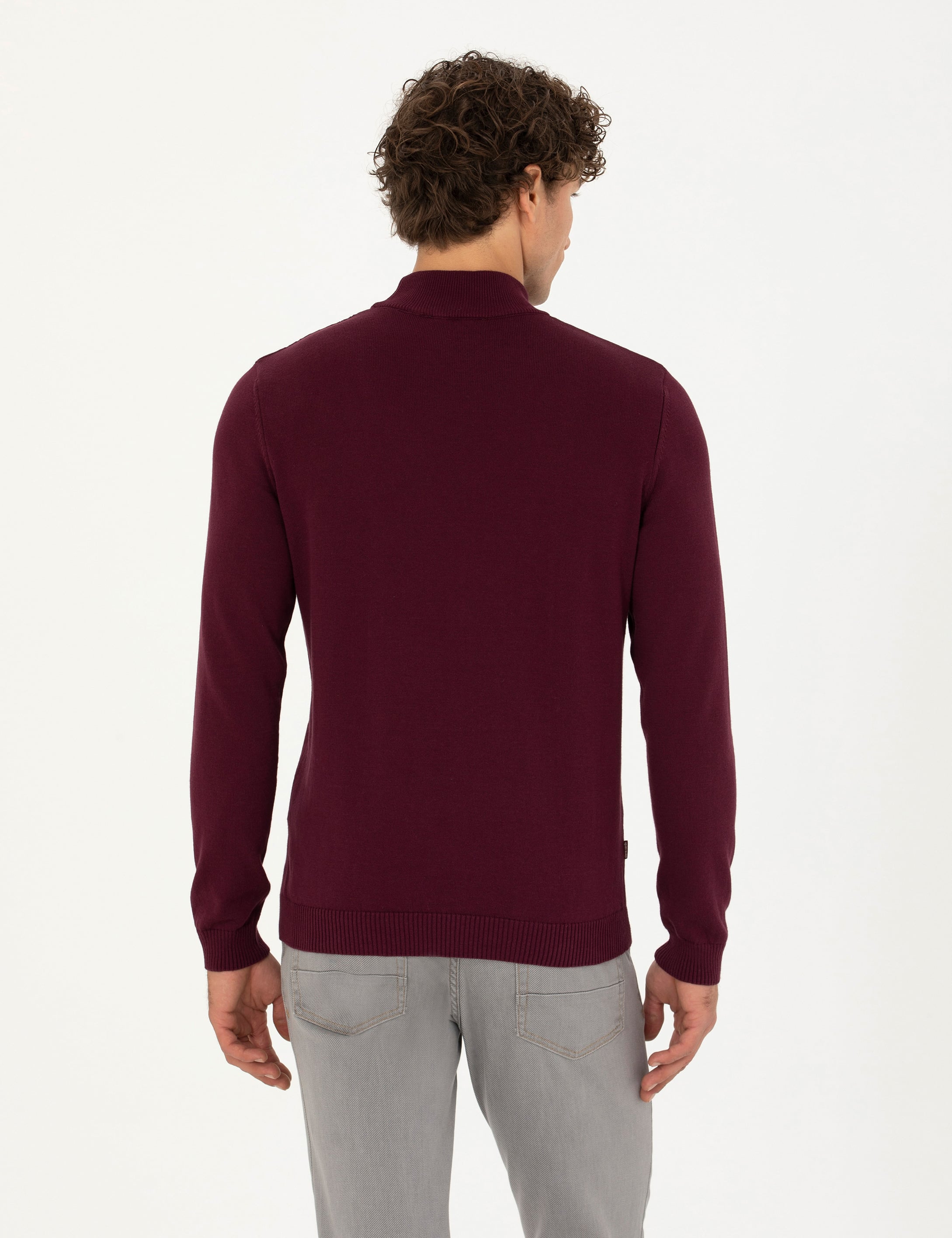 Bordo Slim Fit Yarım Balıkçı Yaka Triko Kazak