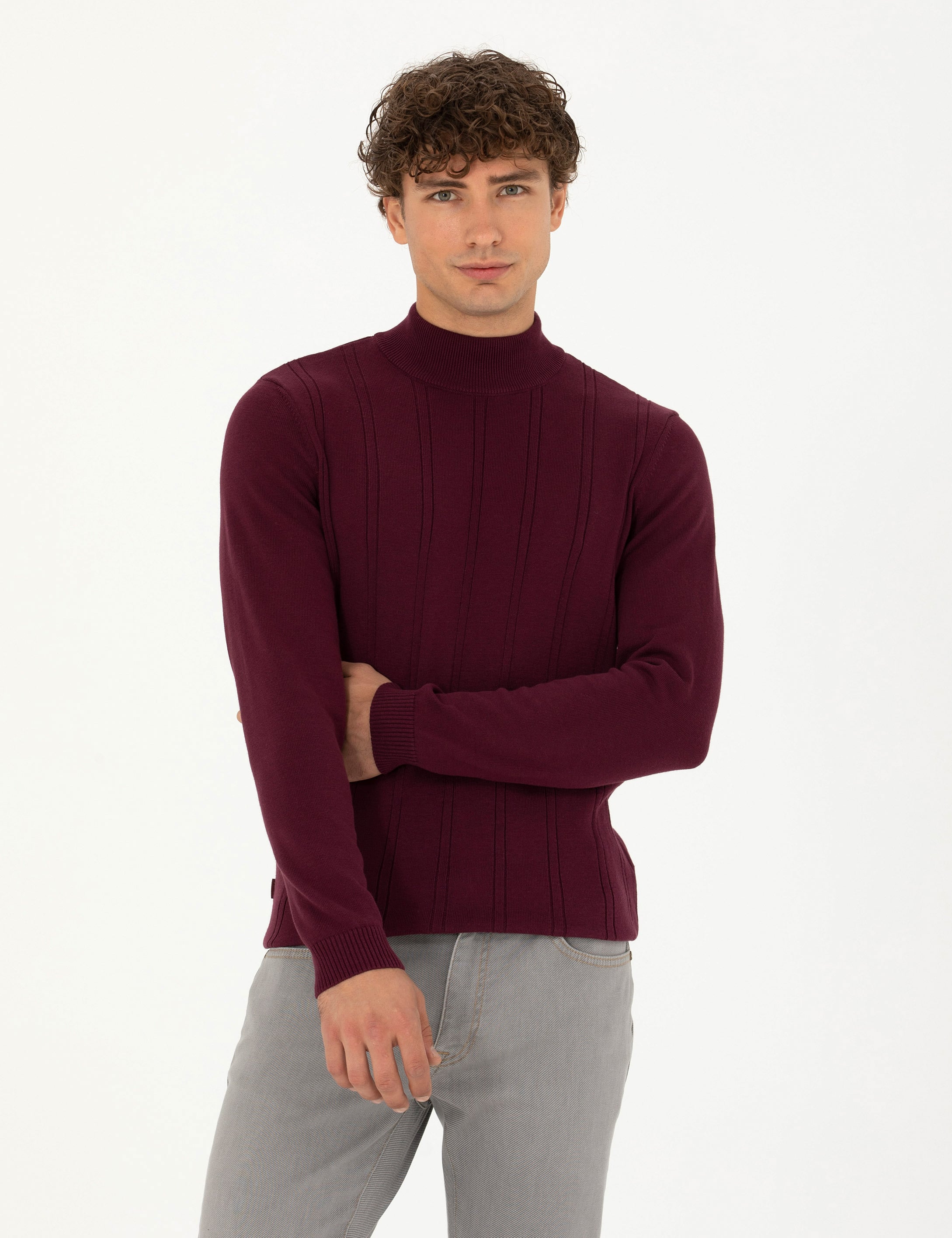Bordo Slim Fit Yarım Balıkçı Yaka Triko Kazak