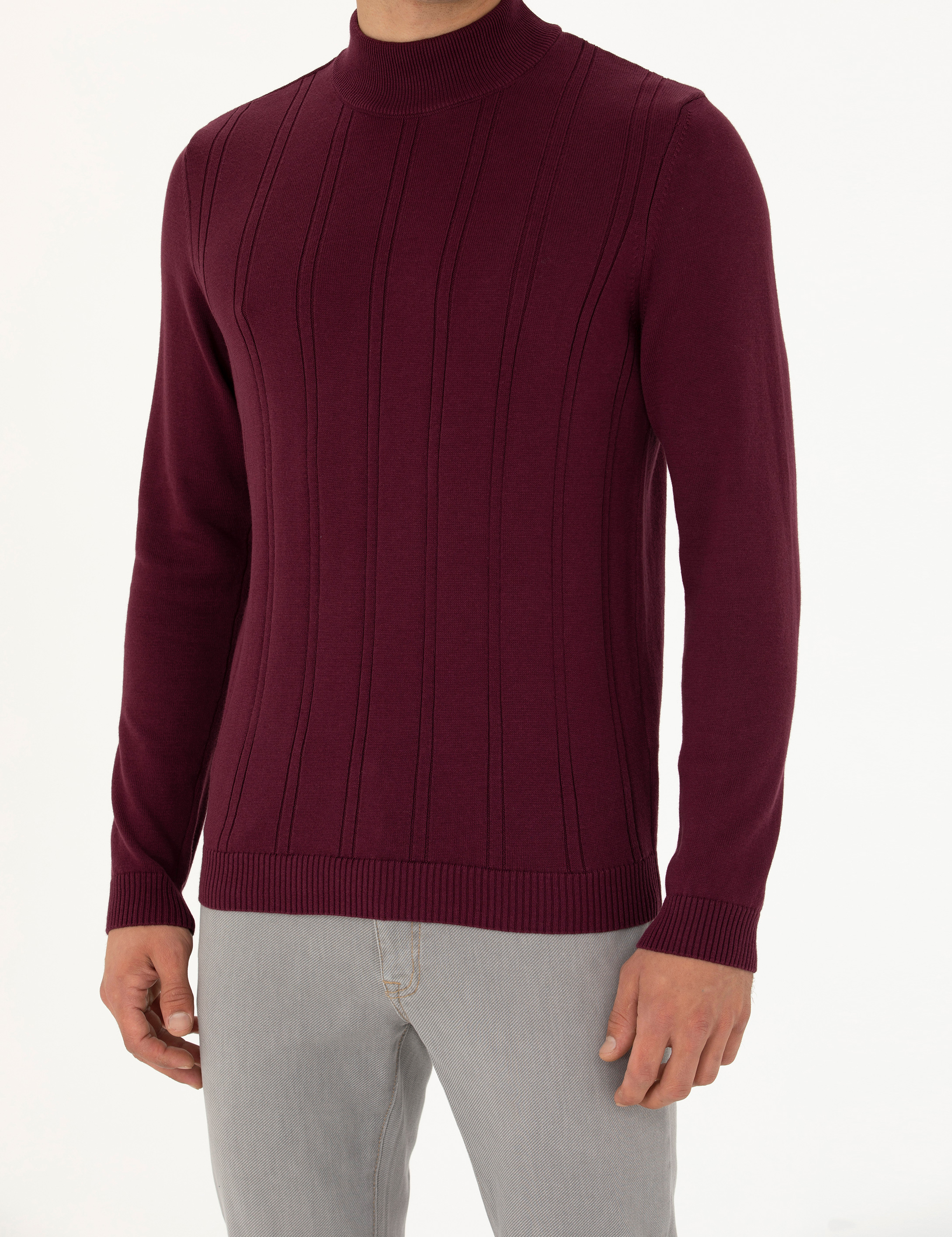Bordo Slim Fit Yarım Balıkçı Yaka Triko Kazak - Image 6