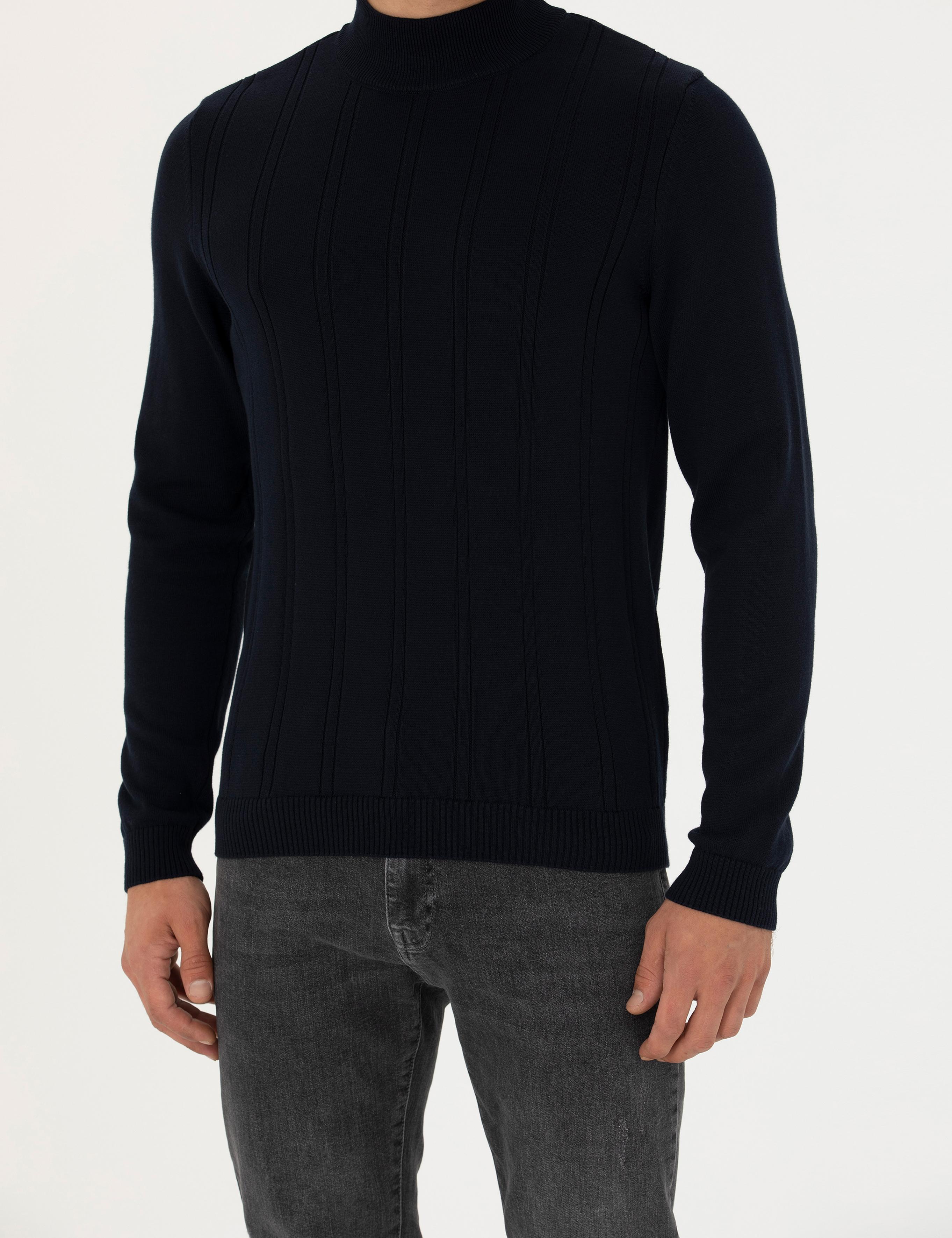 Lacivert Slim Fit Yarım Balıkçı Yaka Triko Kazak