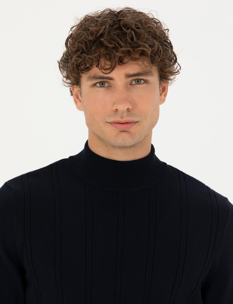 Lacivert Slim Fit Yarım Balıkçı Yaka Triko Kazak