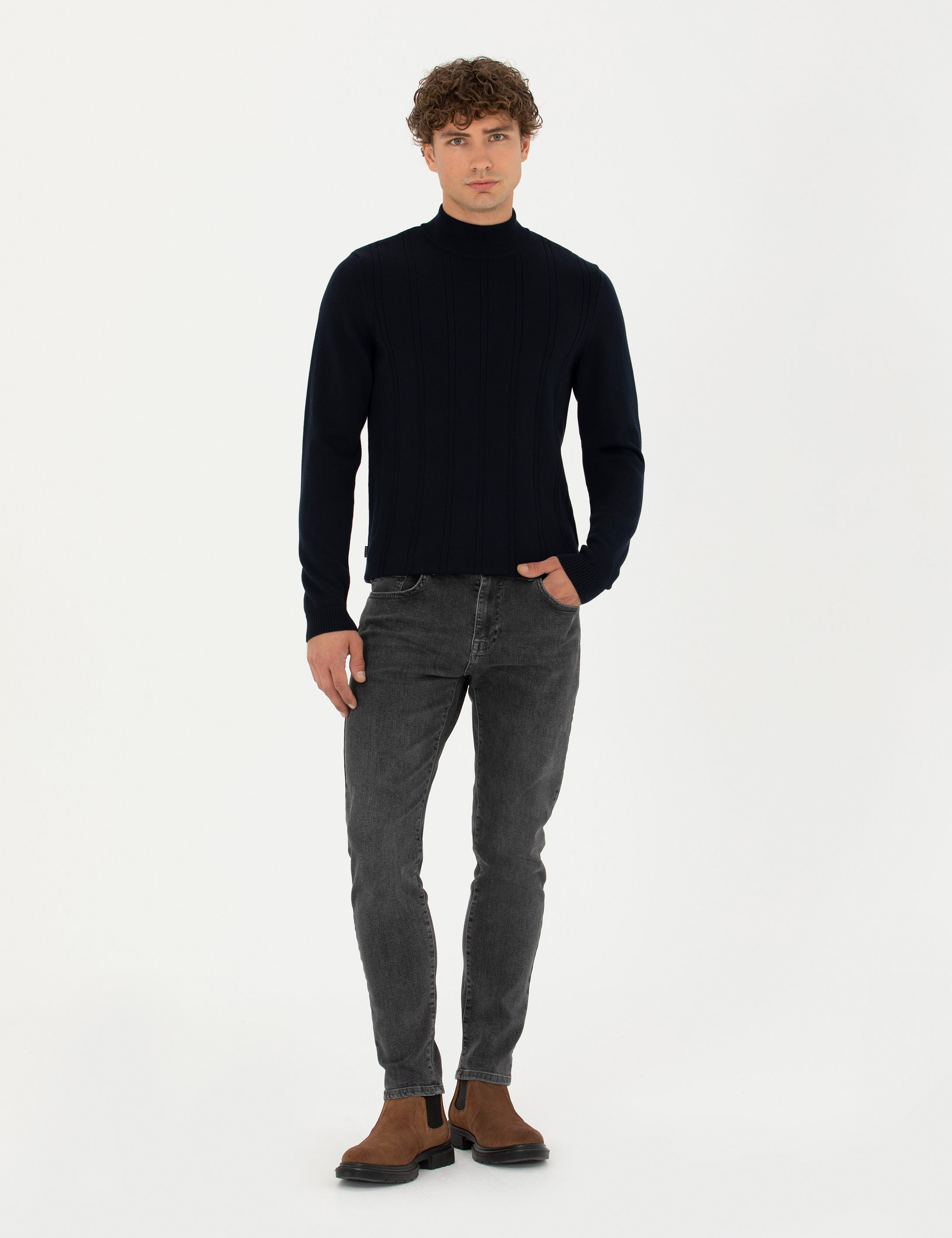 Lacivert Slim Fit Yarım Balıkçı Yaka Triko Kazak - Image 4
