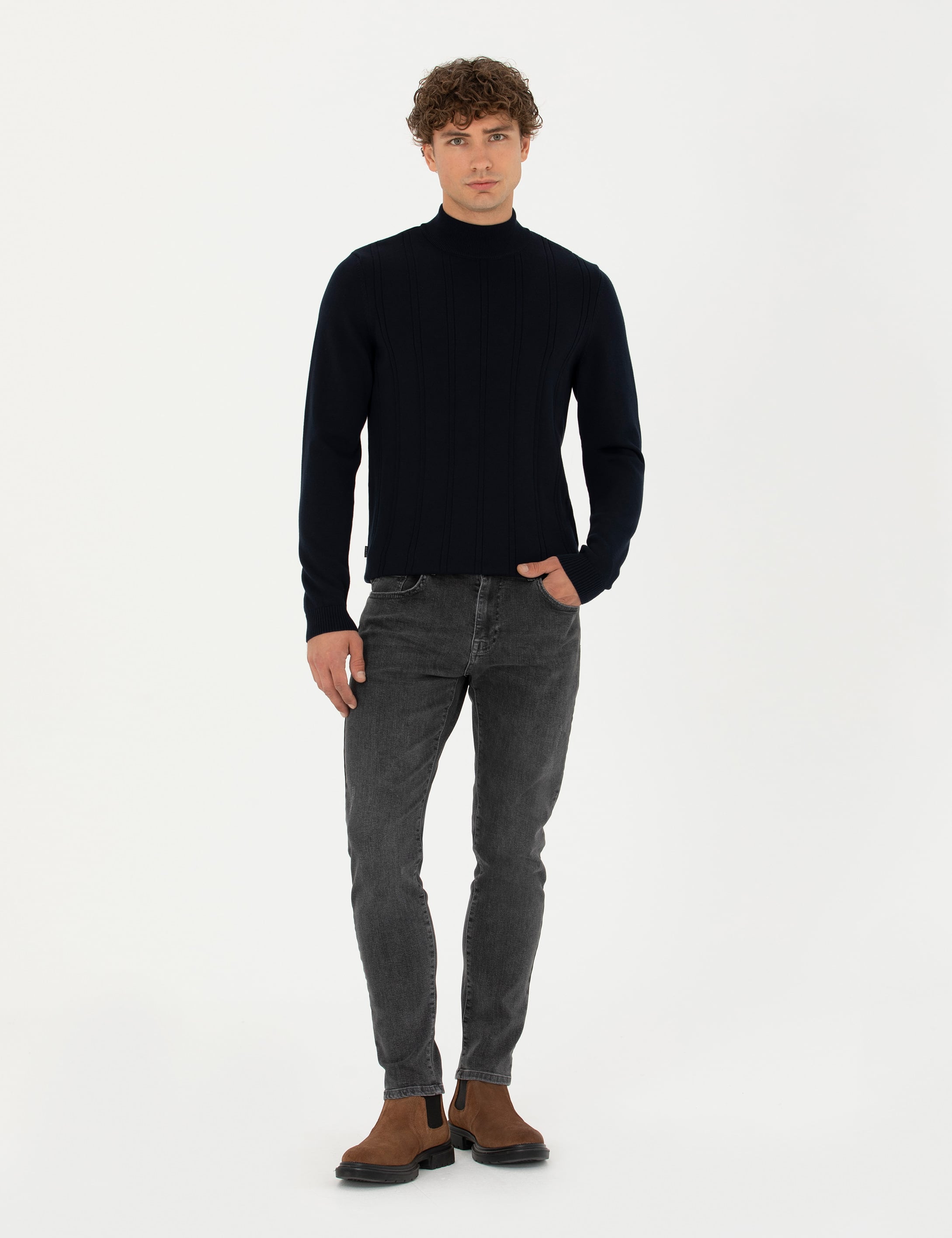 Lacivert Slim Fit Yarım Balıkçı Yaka Triko Kazak
