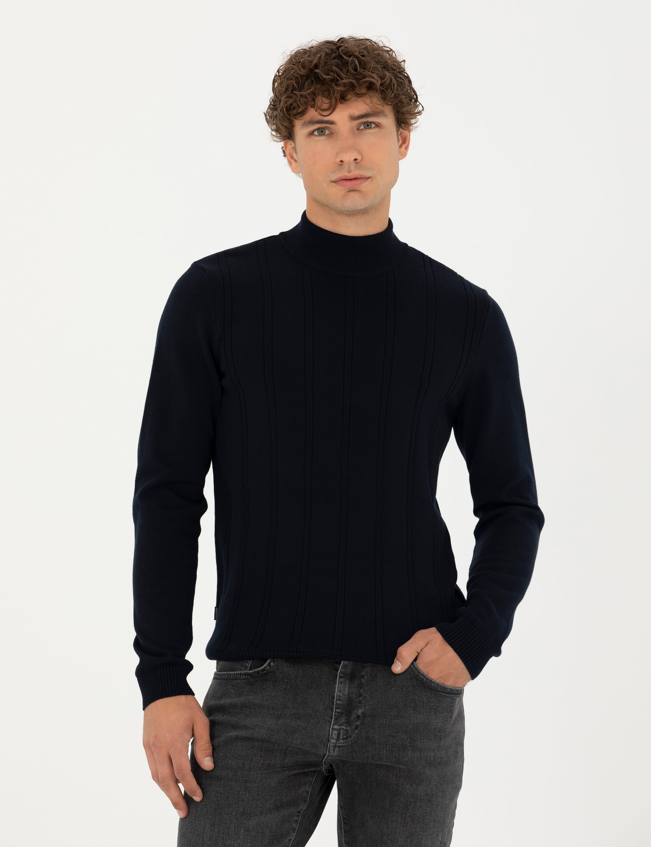 Lacivert Slim Fit Yarım Balıkçı Yaka Triko Kazak