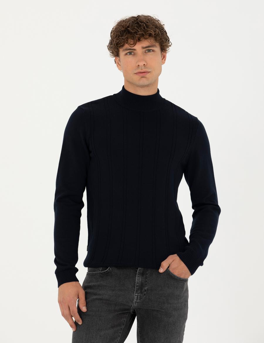 Lacivert Slim Fit Yarım Balıkçı Yaka Triko Kazak