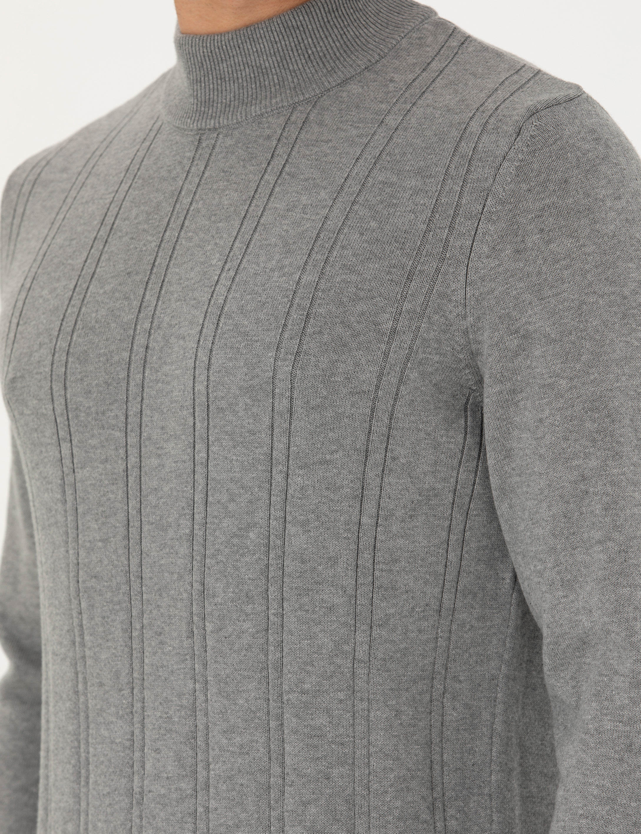Açık Gri Melanj Slim Fit Yarım Balıkçı Yaka Triko Kazak - Image 7