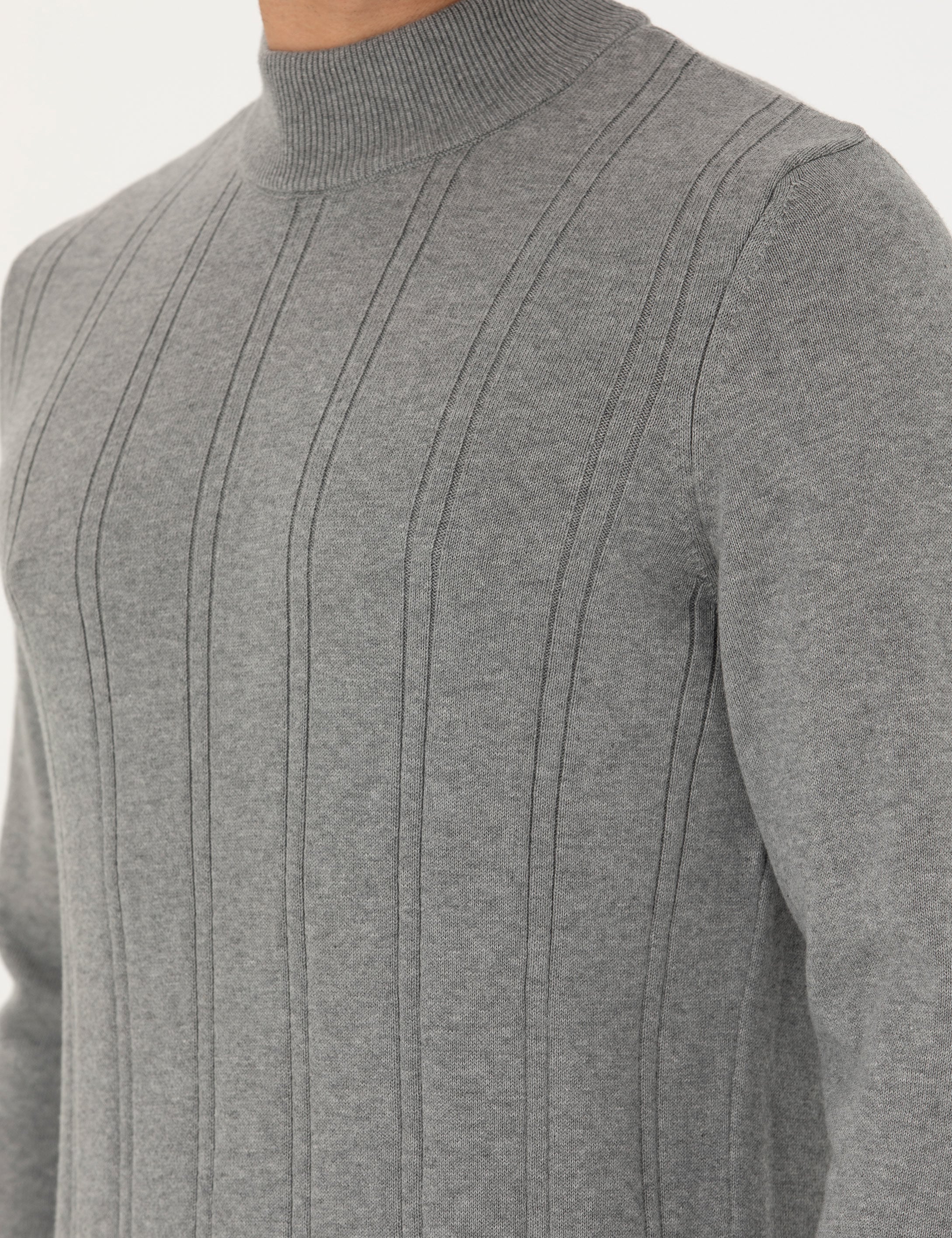 Açık Gri Melanj Slim Fit Yarım Balıkçı Yaka Triko Kazak