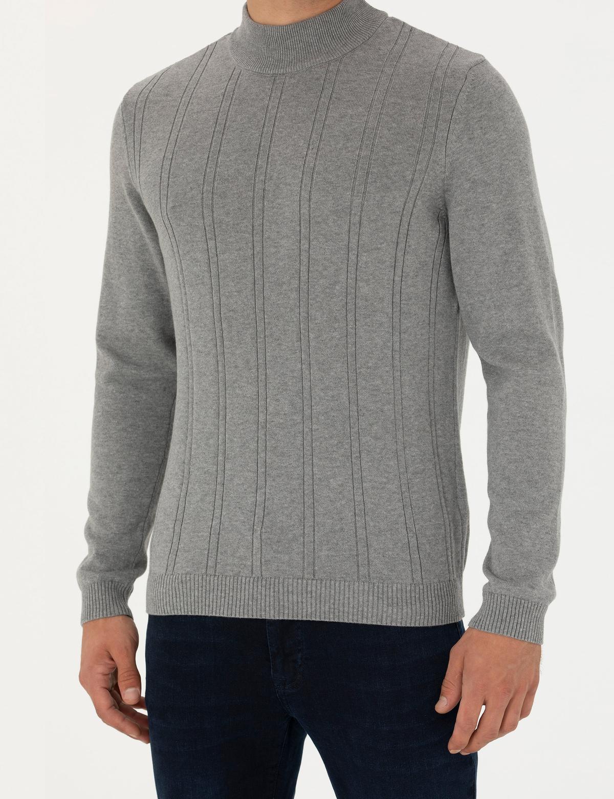 Açık Gri Melanj Slim Fit Yarım Balıkçı Yaka Triko Kazak - 50281851056