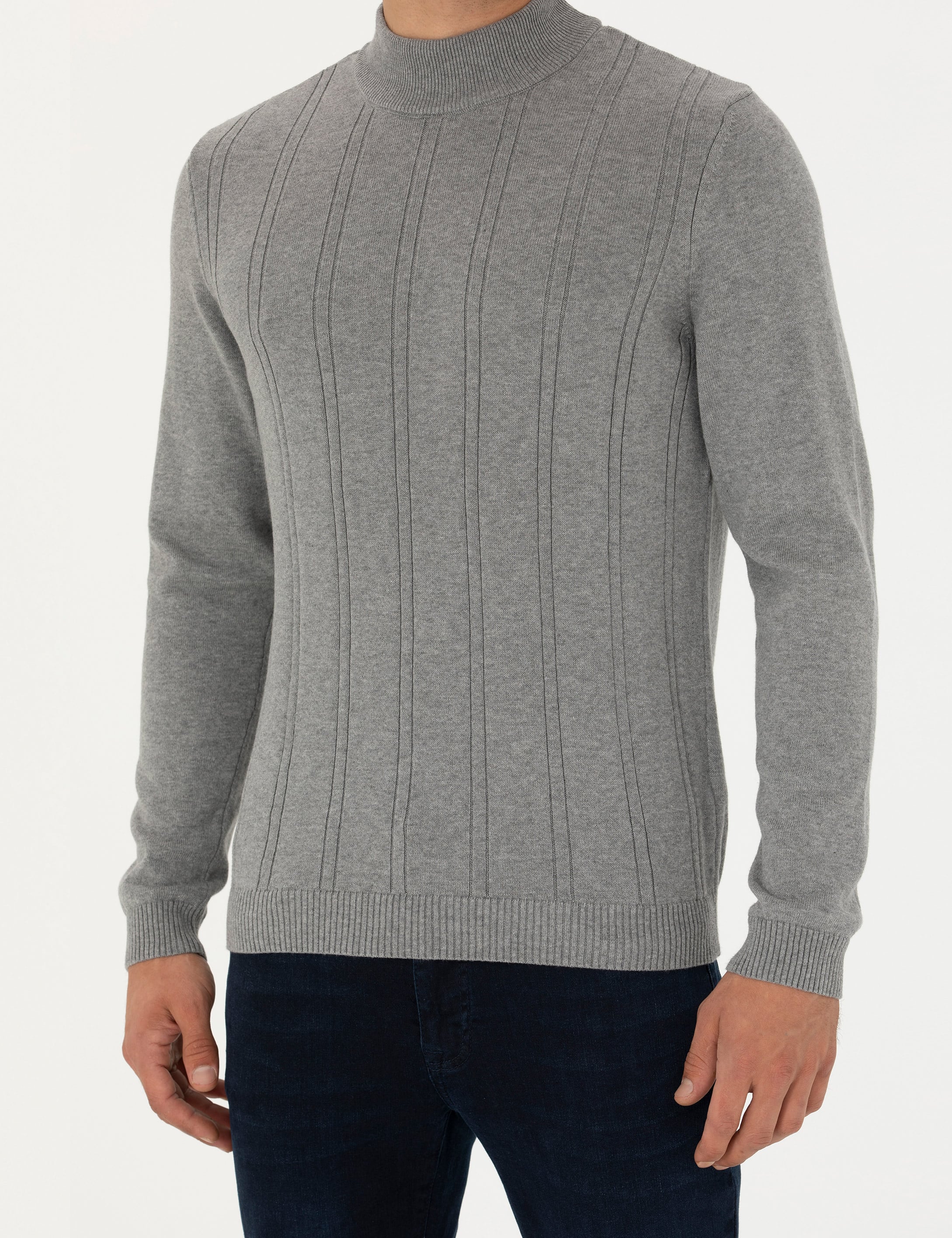 Açık Gri Melanj Slim Fit Yarım Balıkçı Yaka Triko Kazak - Image 6