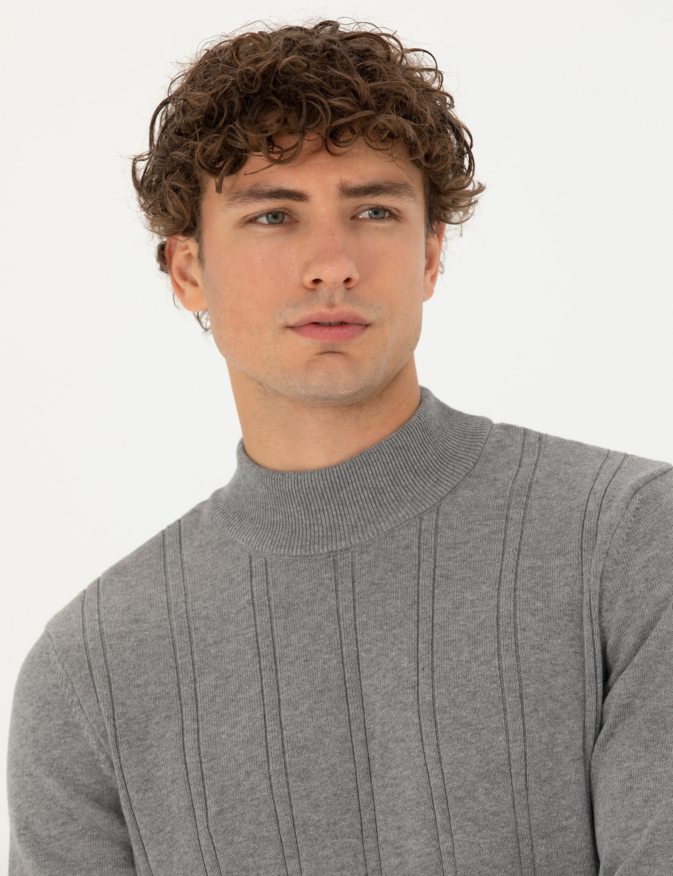 Açık Gri Melanj Slim Fit Yarım Balıkçı Yaka Triko Kazak