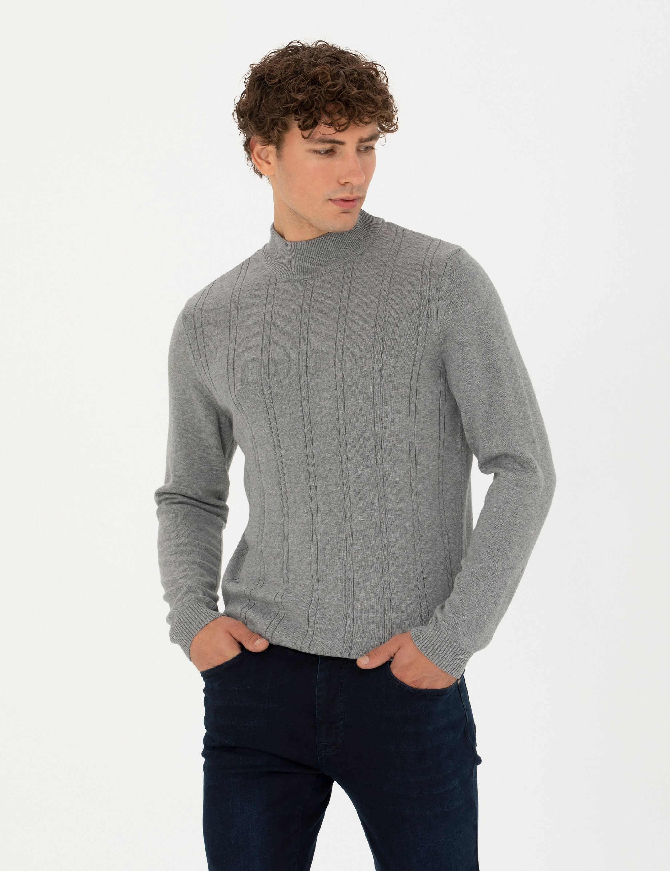 Açık Gri Melanj Slim Fit Yarım Balıkçı Yaka Triko Kazak