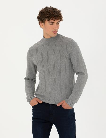 Açık Gri Melanj Slim Fit Yarım Balıkçı Yaka Triko Kazak - 50281851056