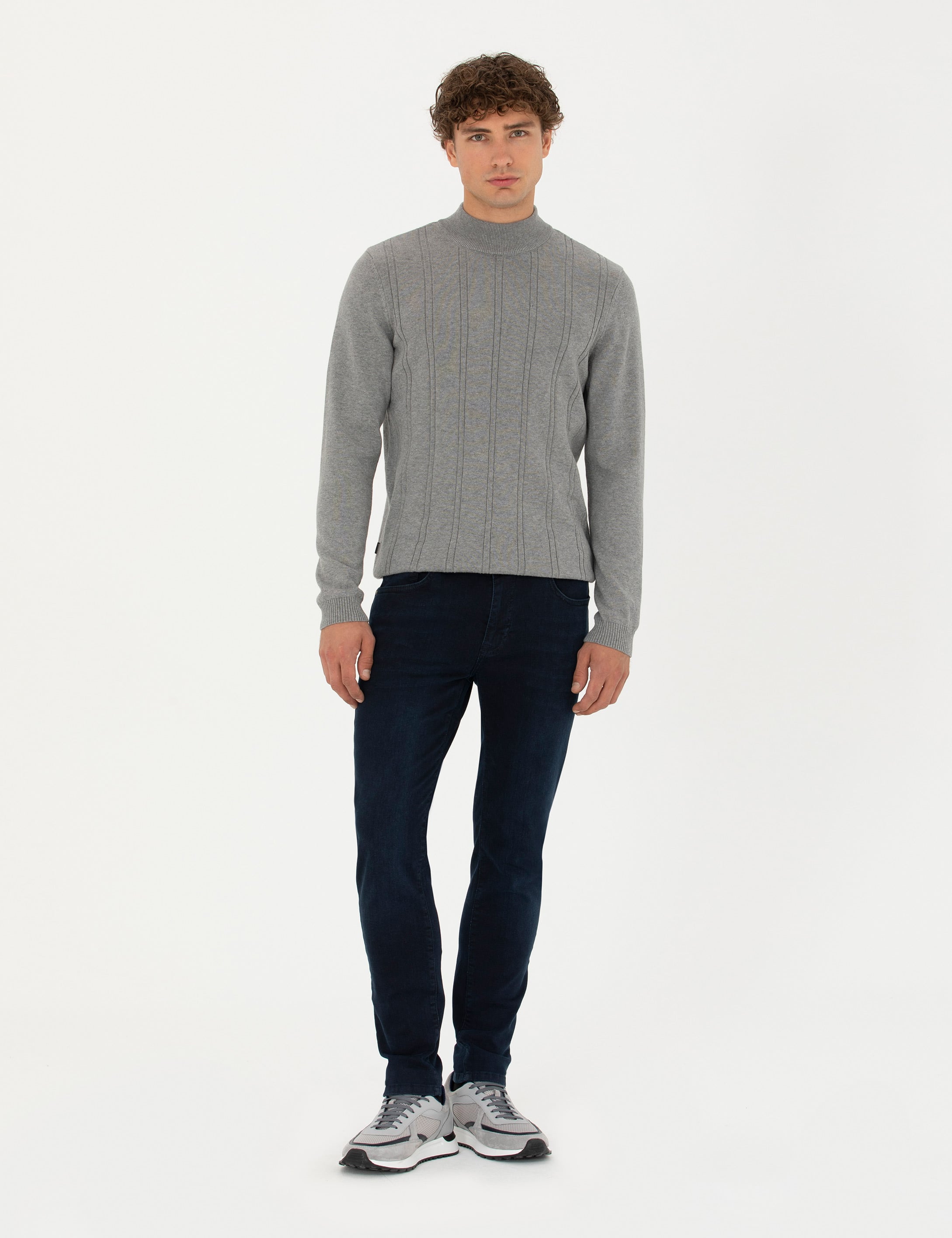 Açık Gri Melanj Slim Fit Yarım Balıkçı Yaka Triko Kazak - Image 4