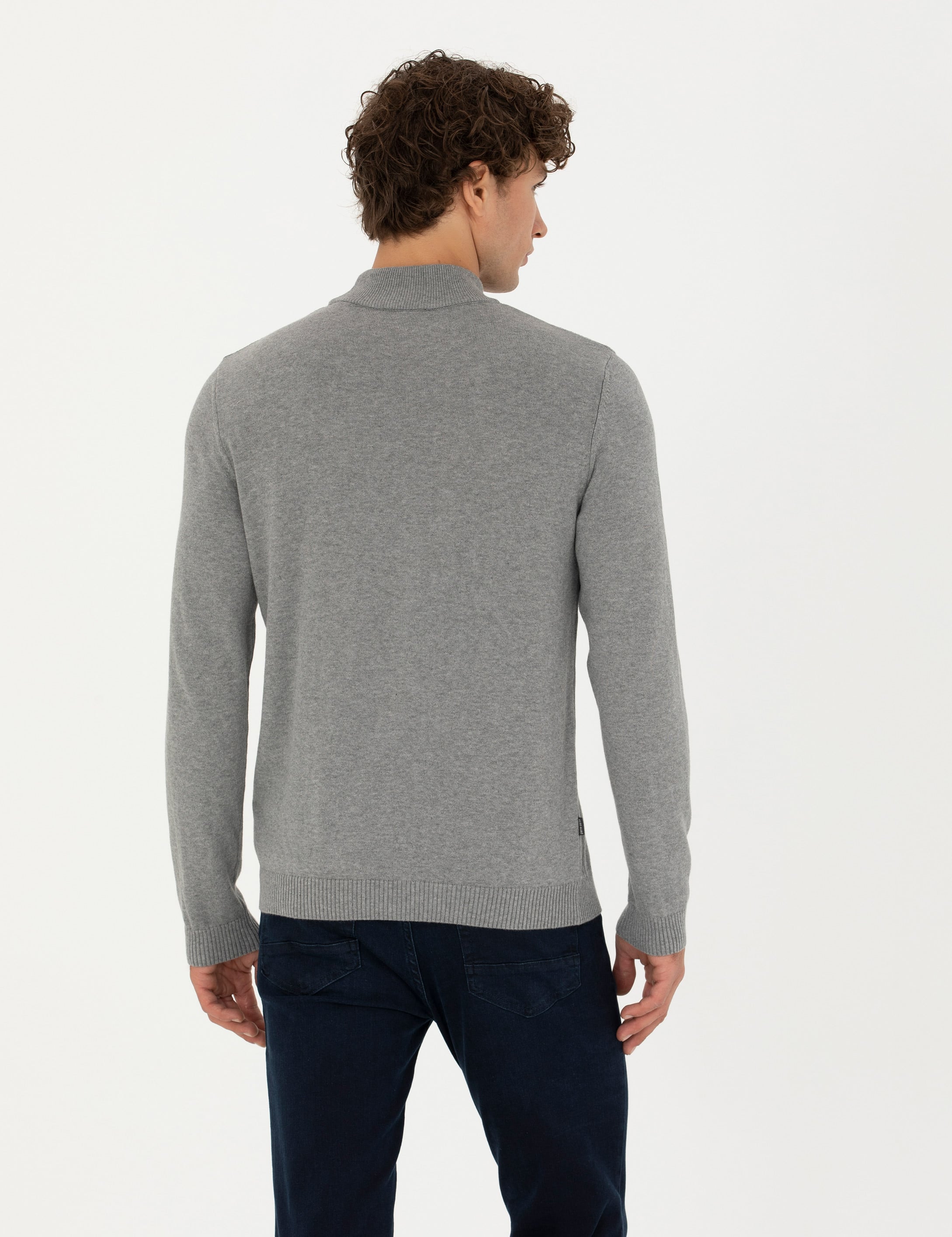 Açık Gri Melanj Slim Fit Yarım Balıkçı Yaka Triko Kazak