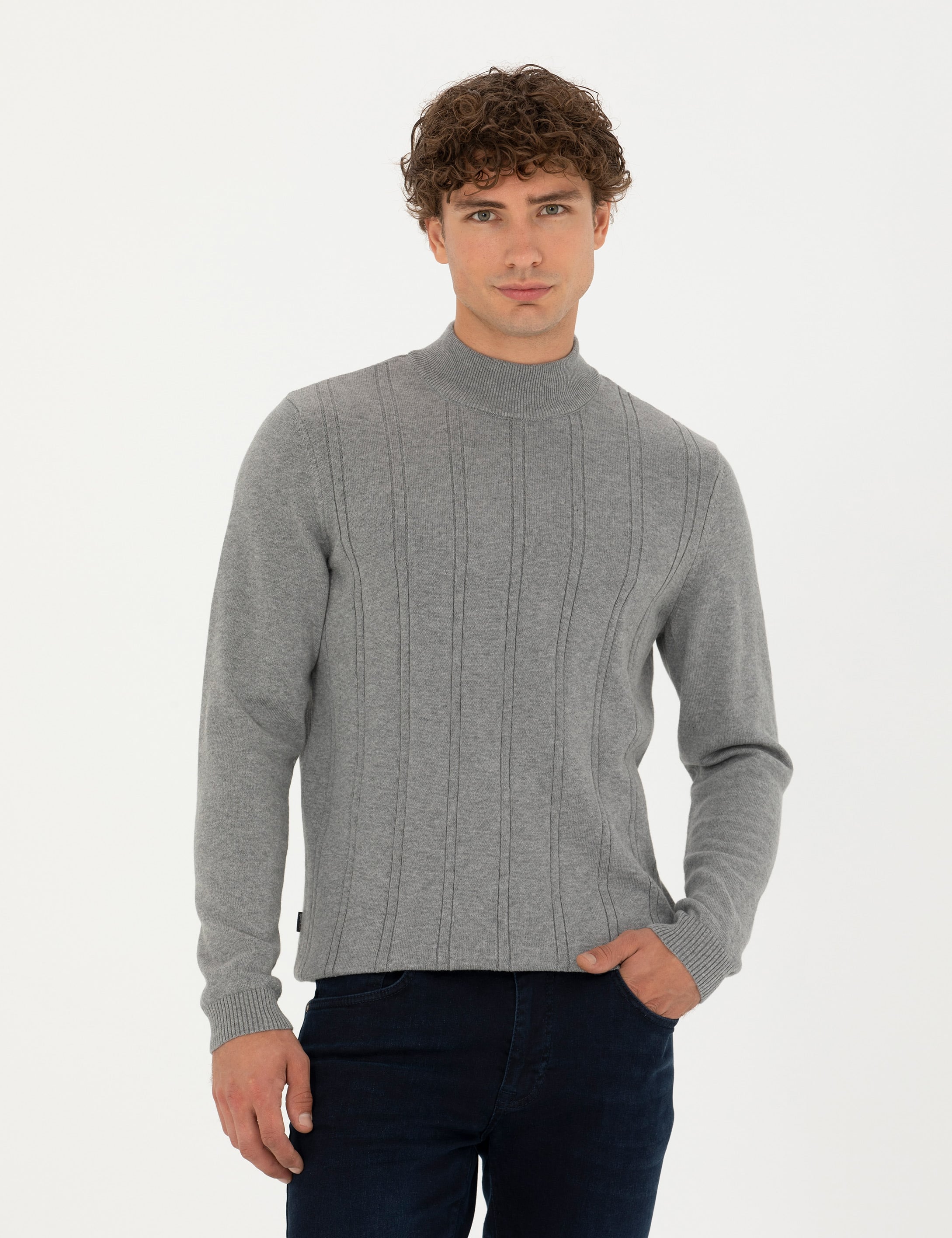 Açık Gri Melanj Slim Fit Yarım Balıkçı Yaka Triko Kazak
