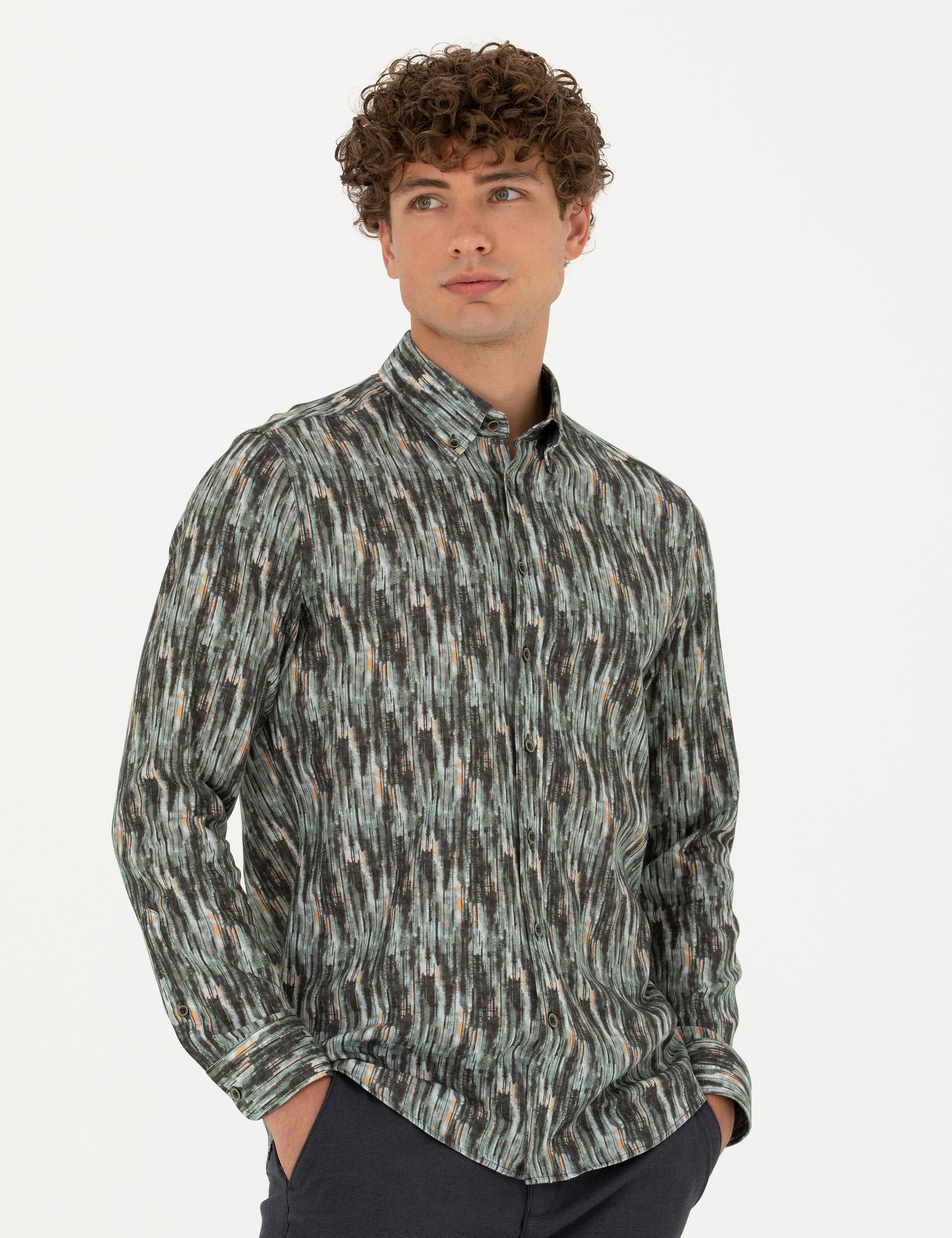 Haki Slim Fit Uzun Kollu Gömlek