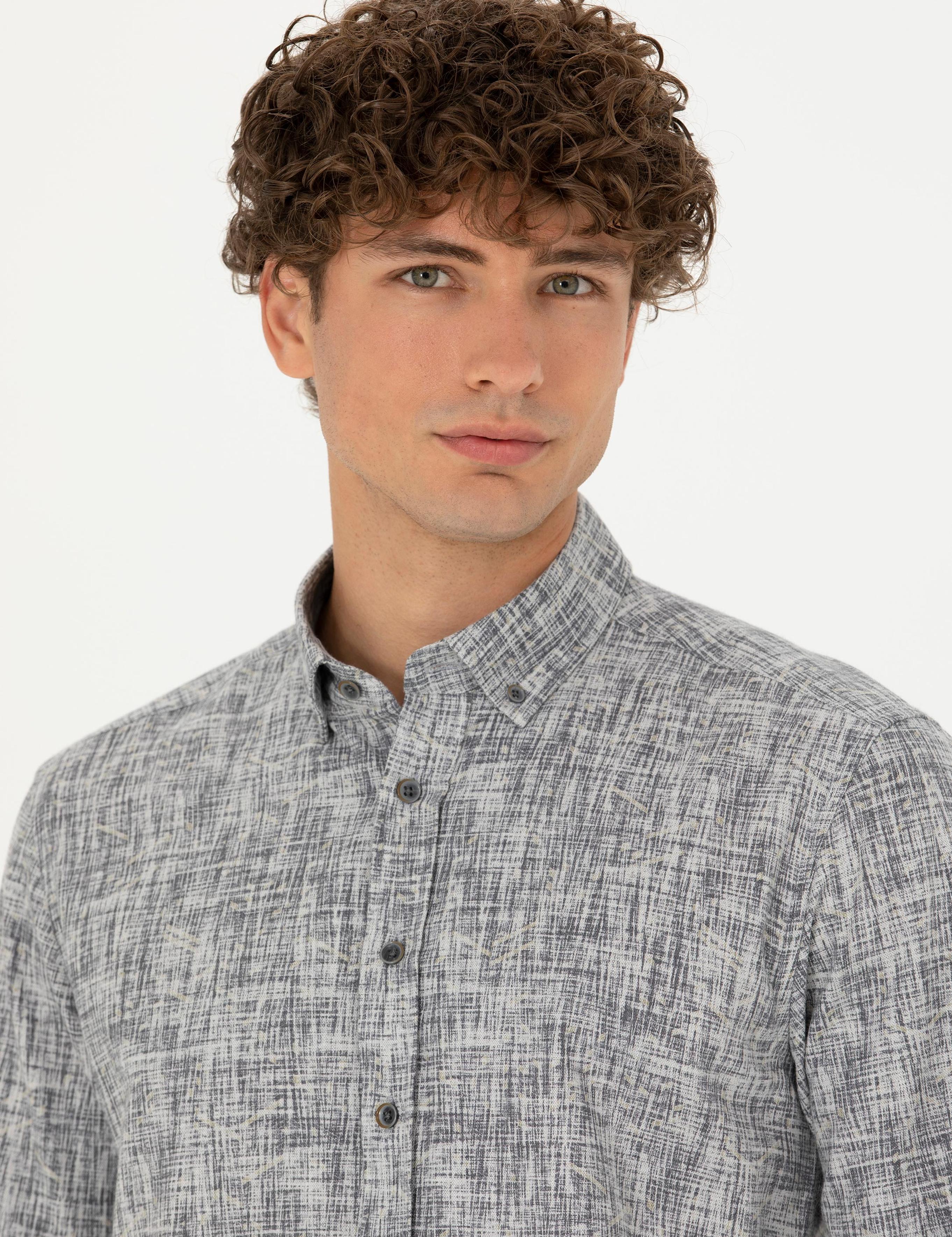 Gri Slim Fit Uzun Kollu Gömlek