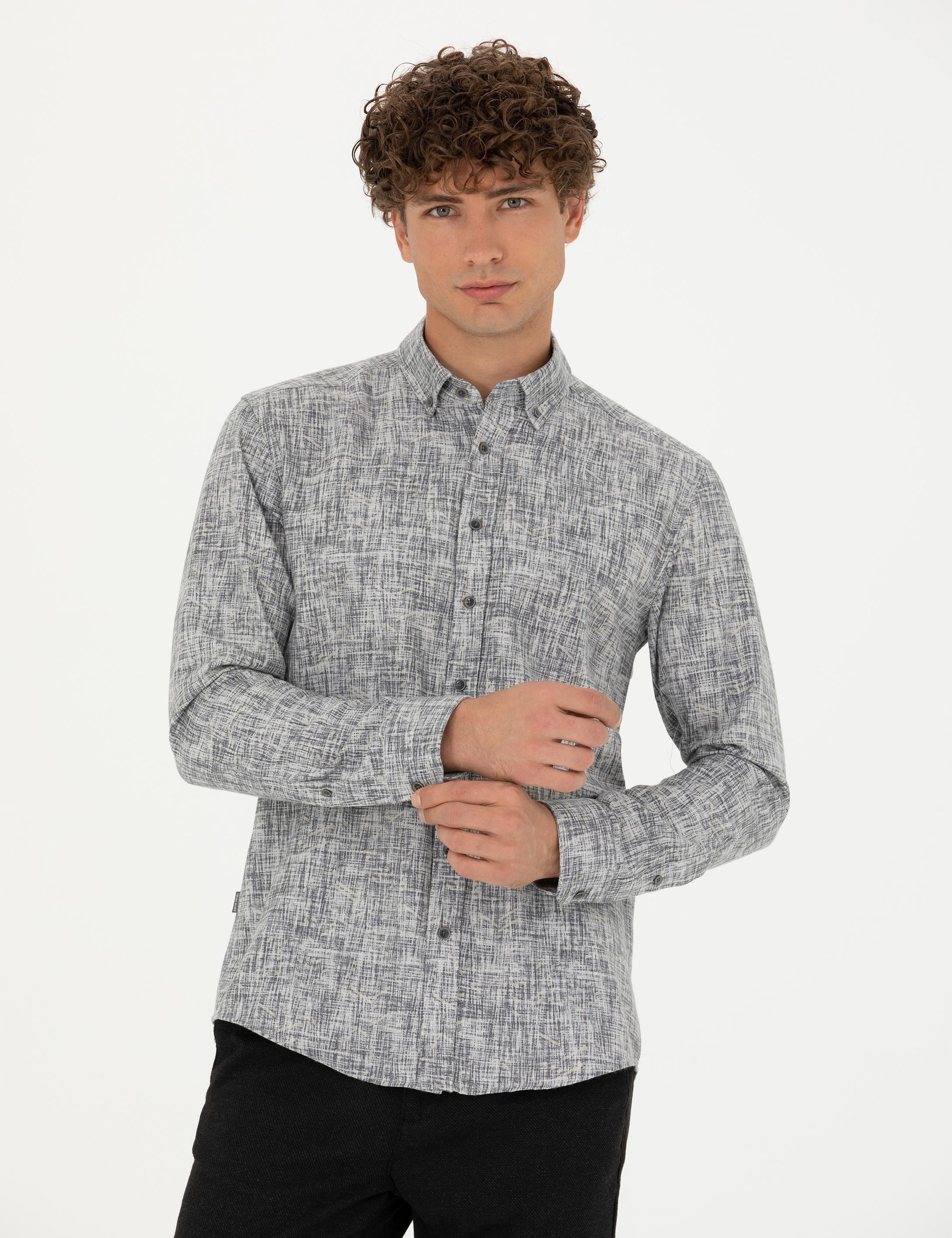 Gri Slim Fit Uzun Kollu Gömlek - Image 1