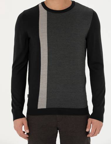 Siyah Slim Fit Bisiklet Yaka Yün Karışımlı Triko Kazak