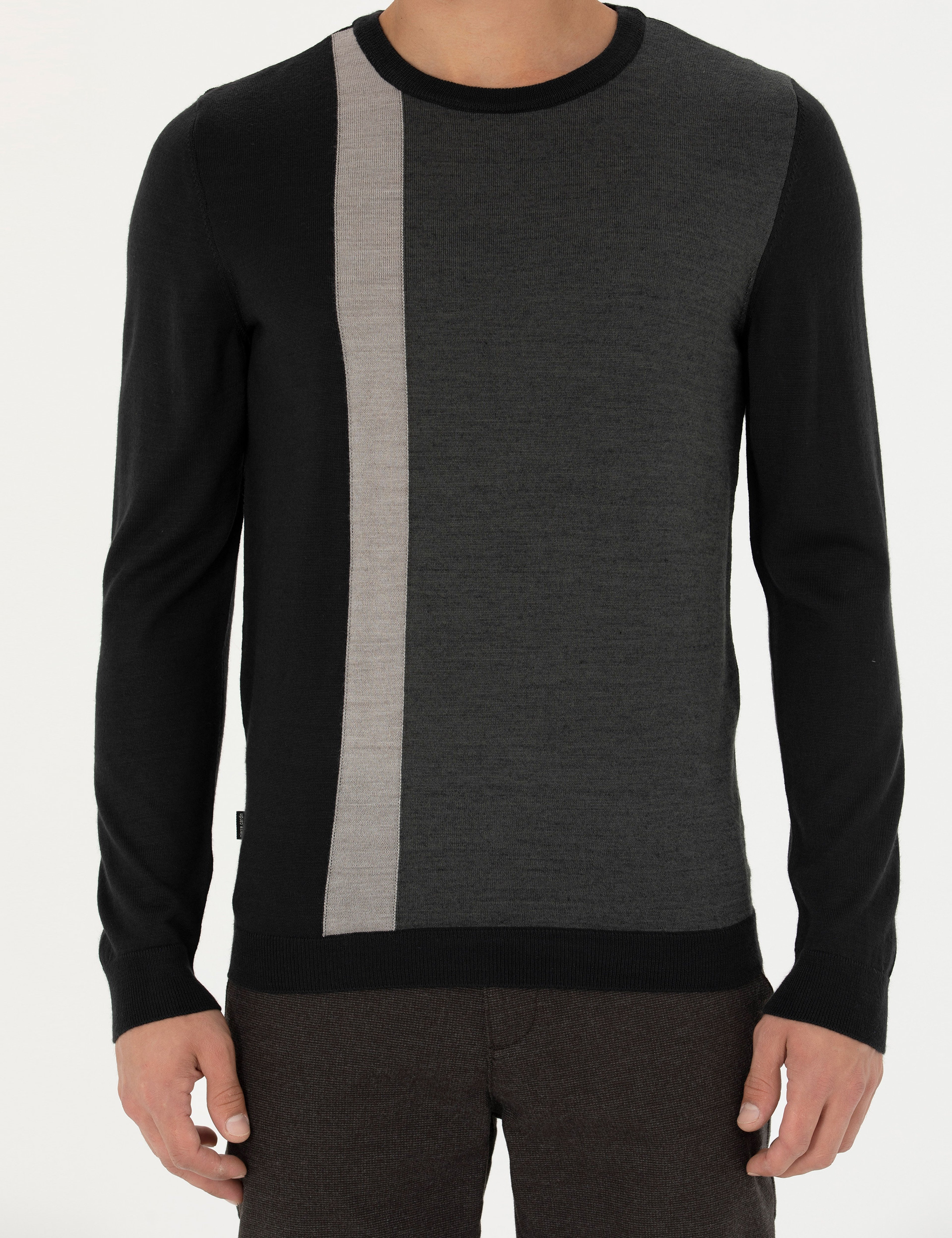 Siyah Slim Fit Bisiklet Yaka Yün Karışımlı Triko Kazak