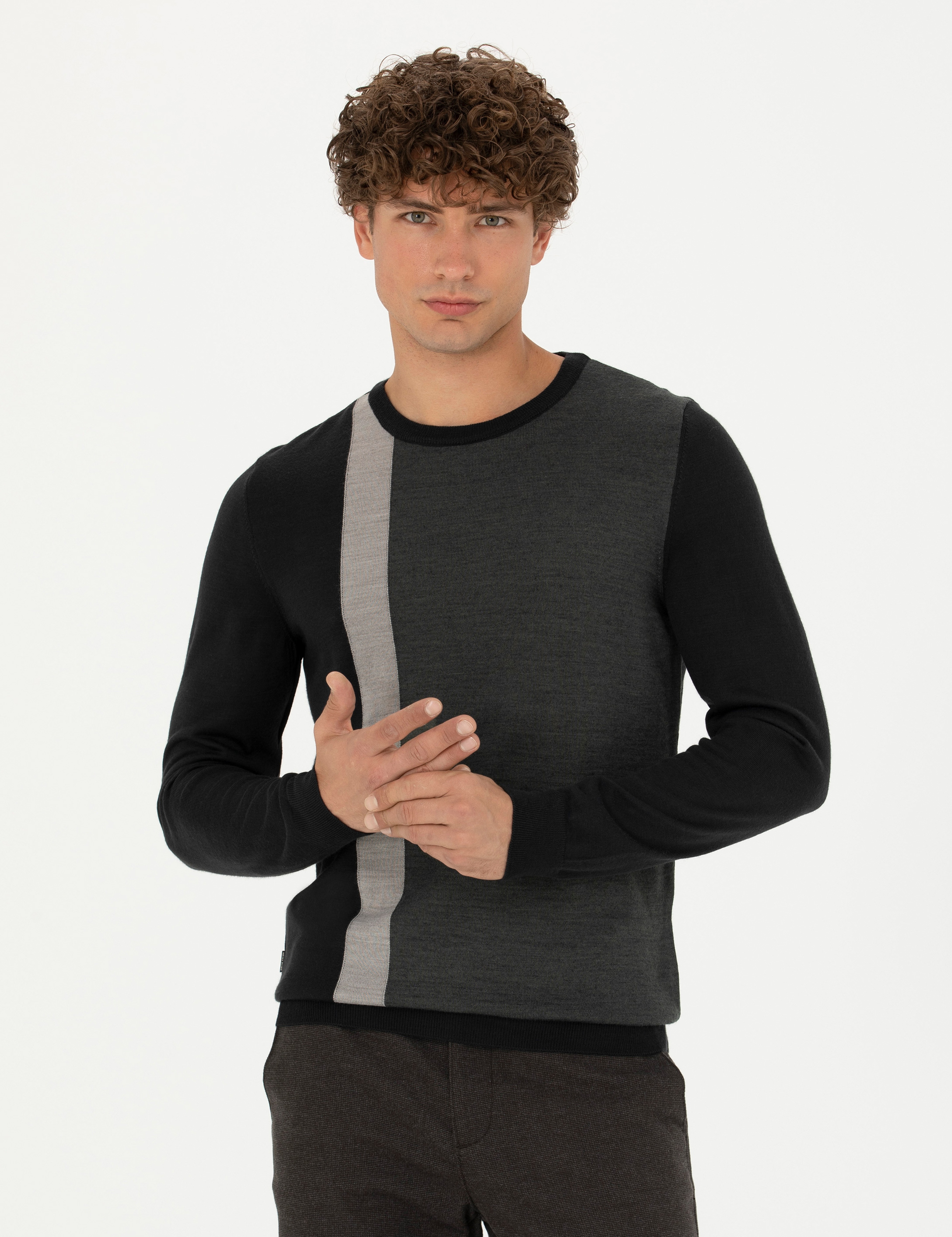 Siyah Slim Fit Bisiklet Yaka Yün Karışımlı Triko Kazak - Image 3