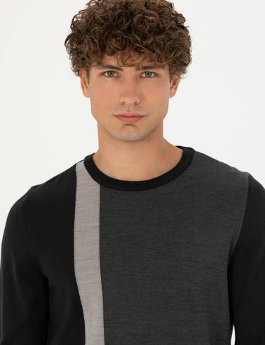 Siyah Slim Fit Bisiklet Yaka Yün Karışımlı Triko Kazak