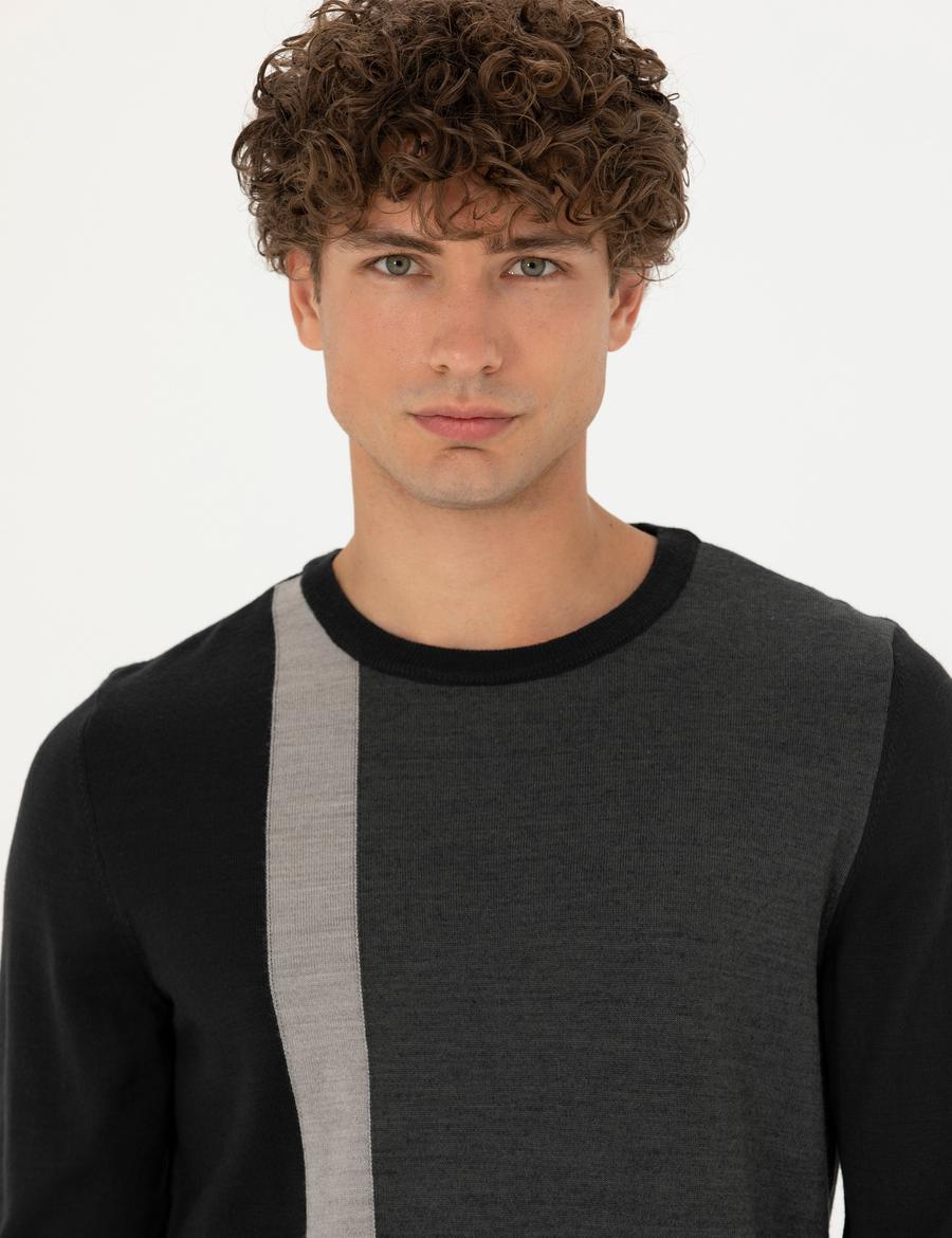 Siyah Slim Fit Bisiklet Yaka Yün Karışımlı Triko Kazak