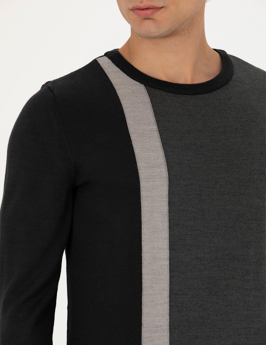 Siyah Slim Fit Bisiklet Yaka Yün Karışımlı Triko Kazak