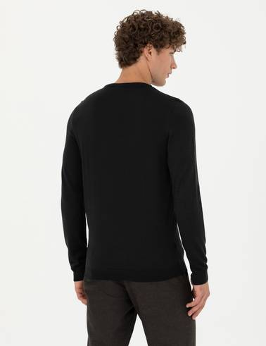 Siyah Slim Fit Bisiklet Yaka Yün Karışımlı Triko Kazak