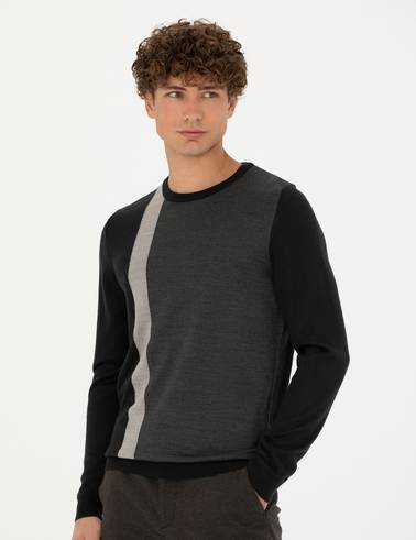 Siyah Slim Fit Bisiklet Yaka Yün Karışımlı Triko Kazak