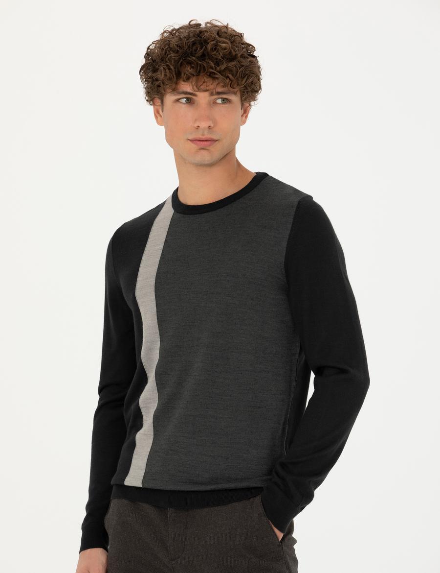 Siyah Slim Fit Bisiklet Yaka Yün Karışımlı Triko Kazak