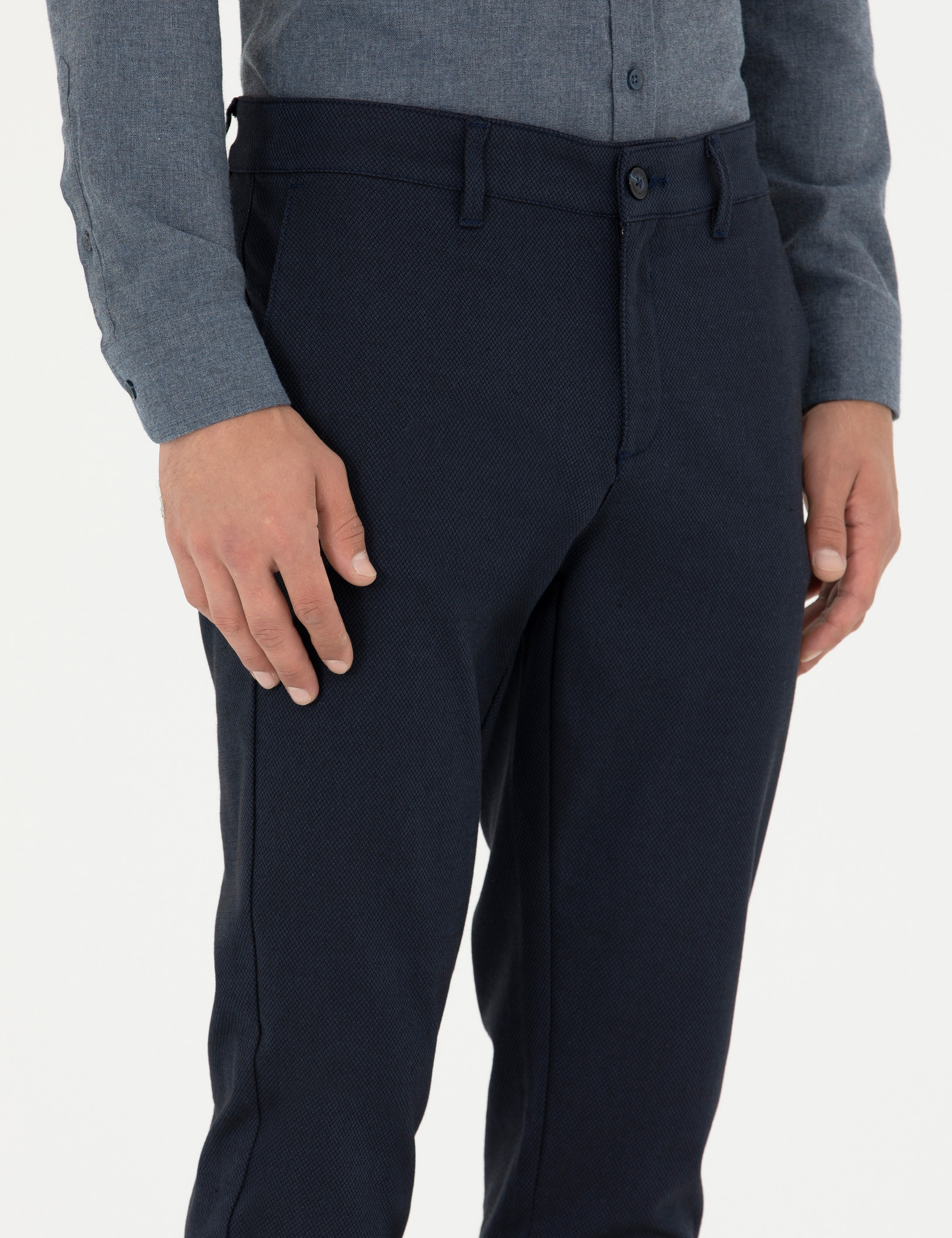 Lacivert Armürlü Slim Fit Kanvas Pantolon - Image 5