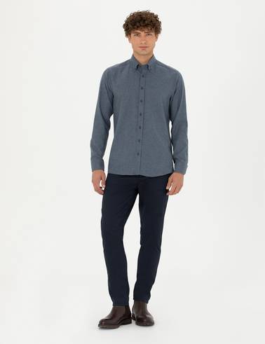 Lacivert Armürlü Slim Fit Kanvas Pantolon
