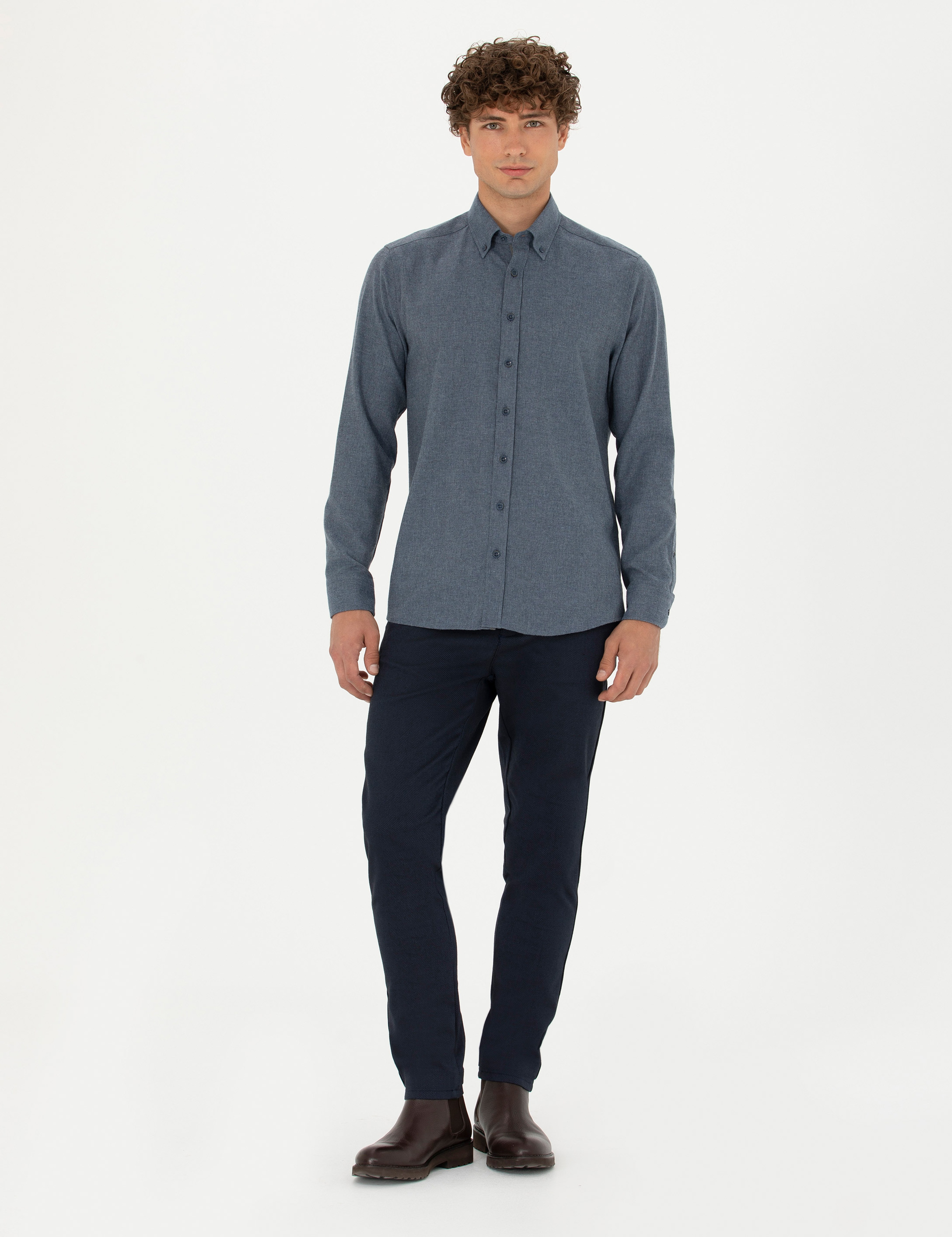 Lacivert Armürlü Slim Fit Kanvas Pantolon - Image 3