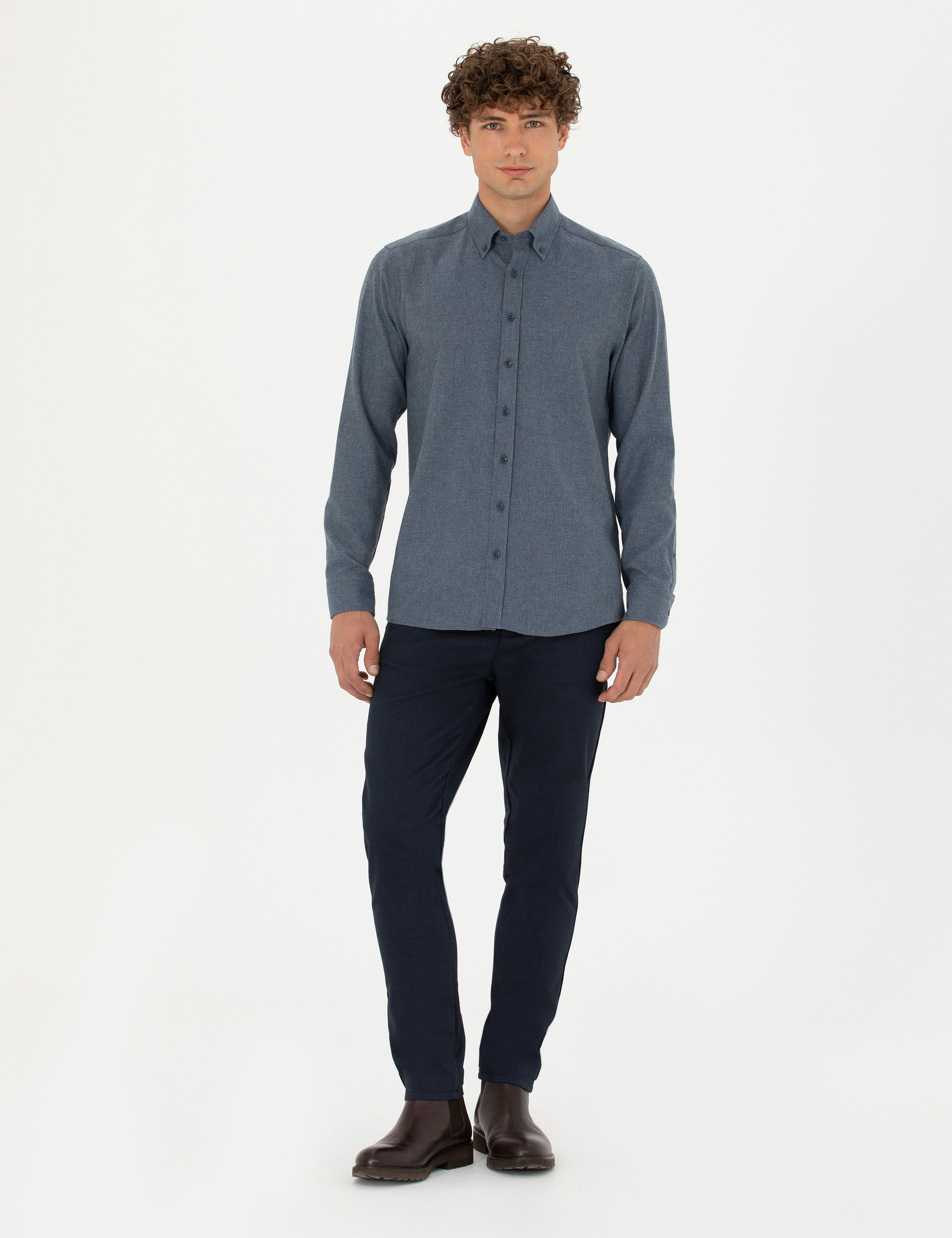Lacivert Armürlü Slim Fit Kanvas Pantolon