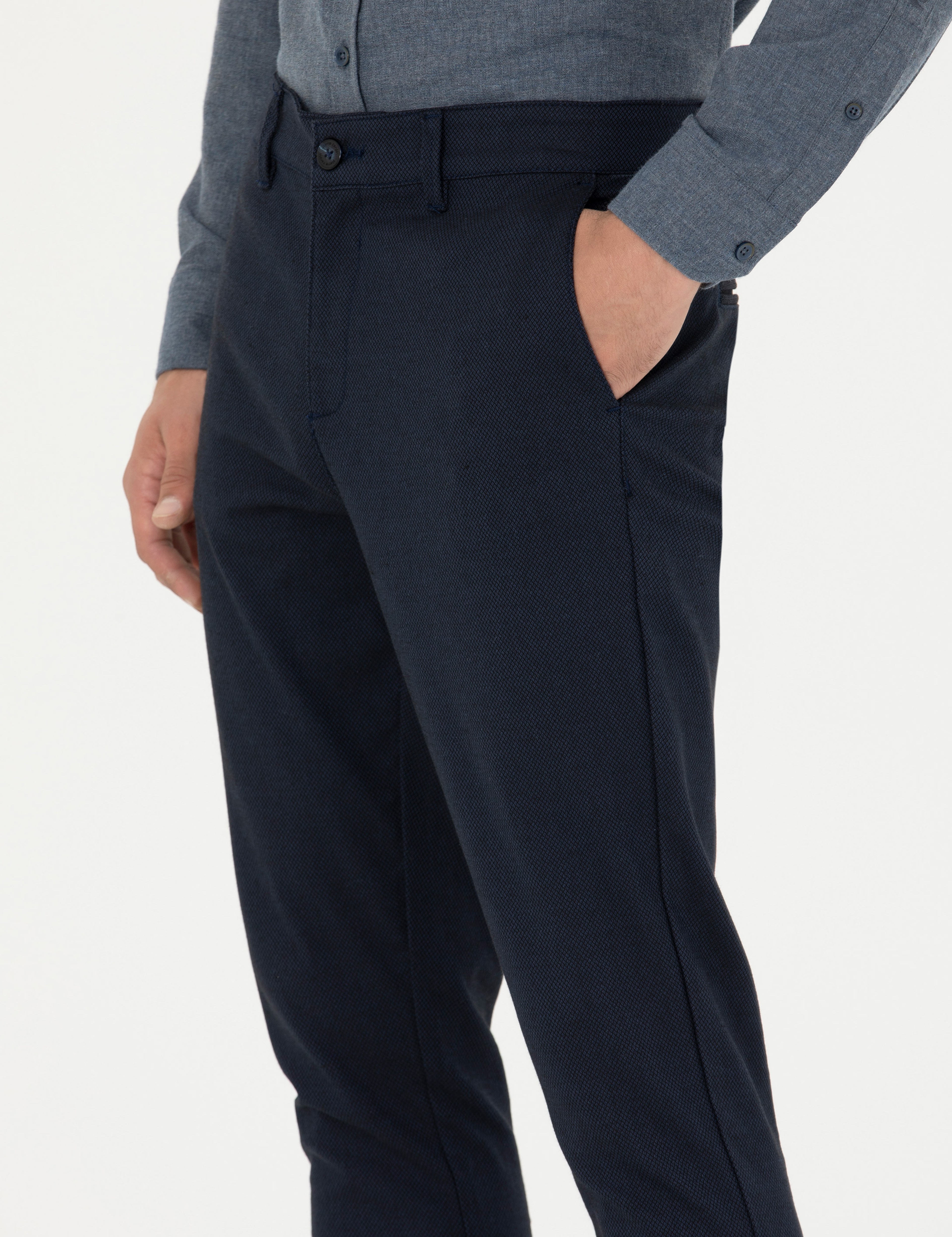Lacivert Armürlü Slim Fit Kanvas Pantolon