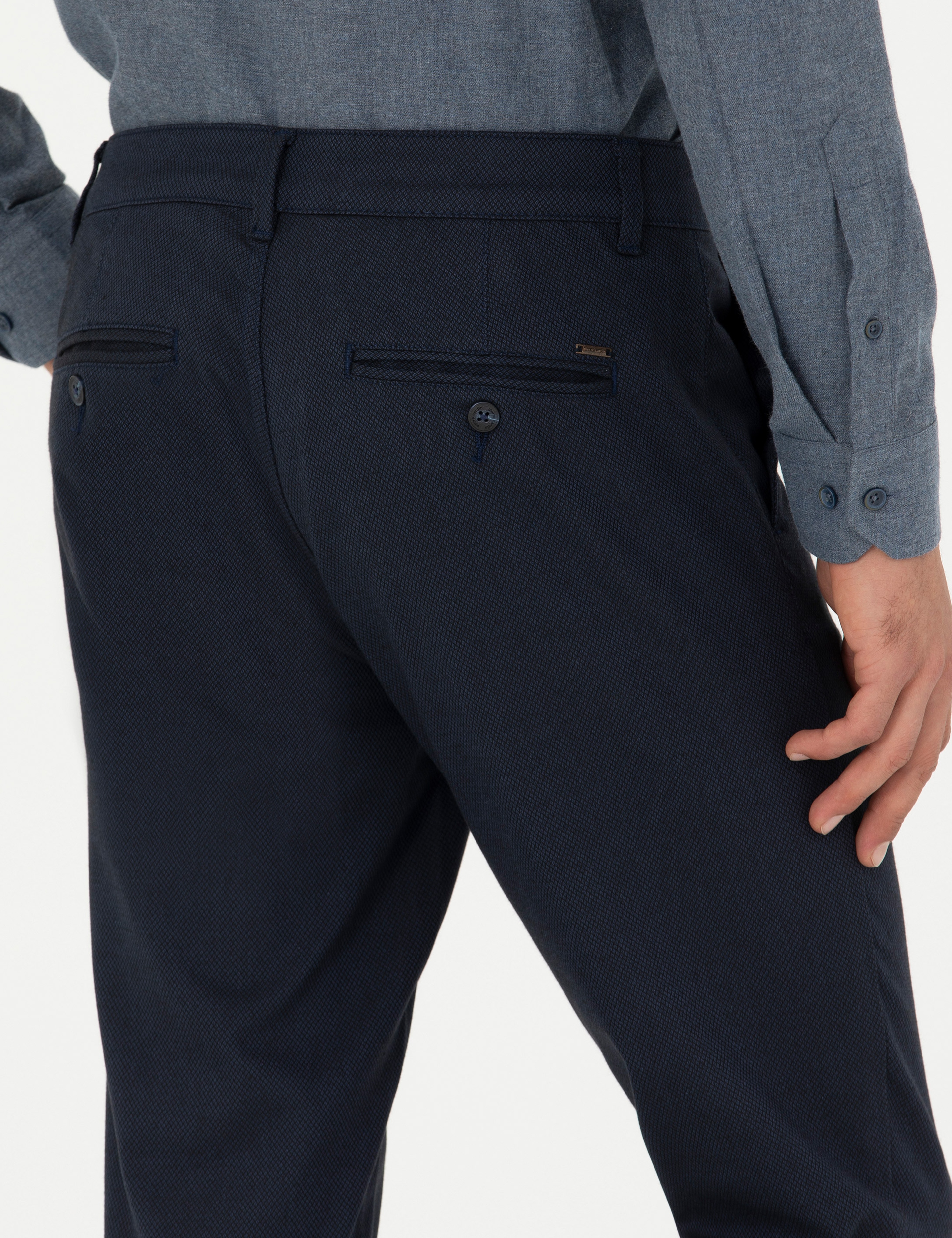 Lacivert Armürlü Slim Fit Kanvas Pantolon