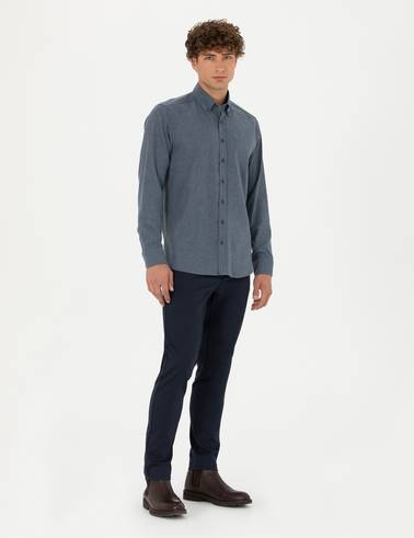 Lacivert Armürlü Slim Fit Kanvas Pantolon