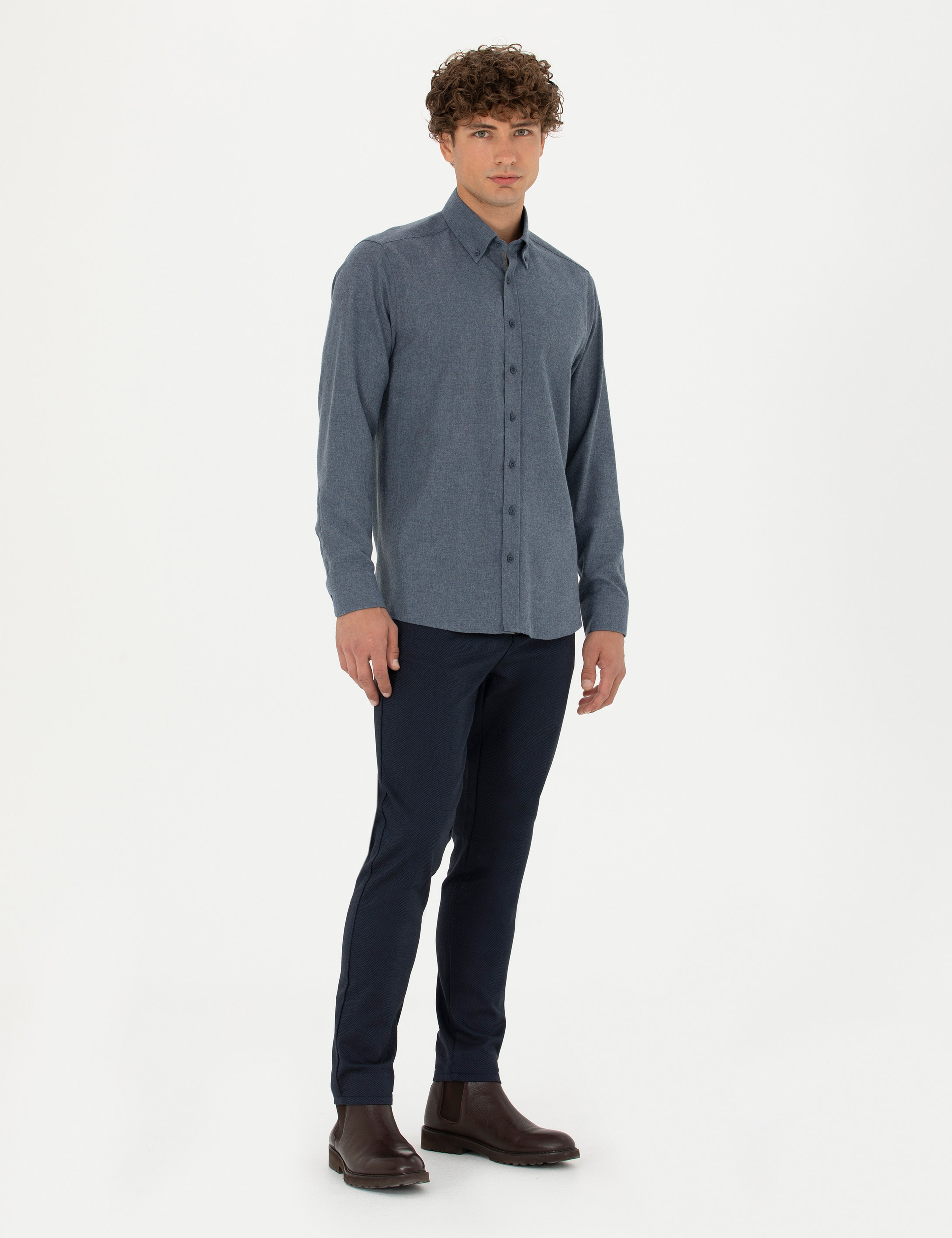 Lacivert Armürlü Slim Fit Kanvas Pantolon - Image 1