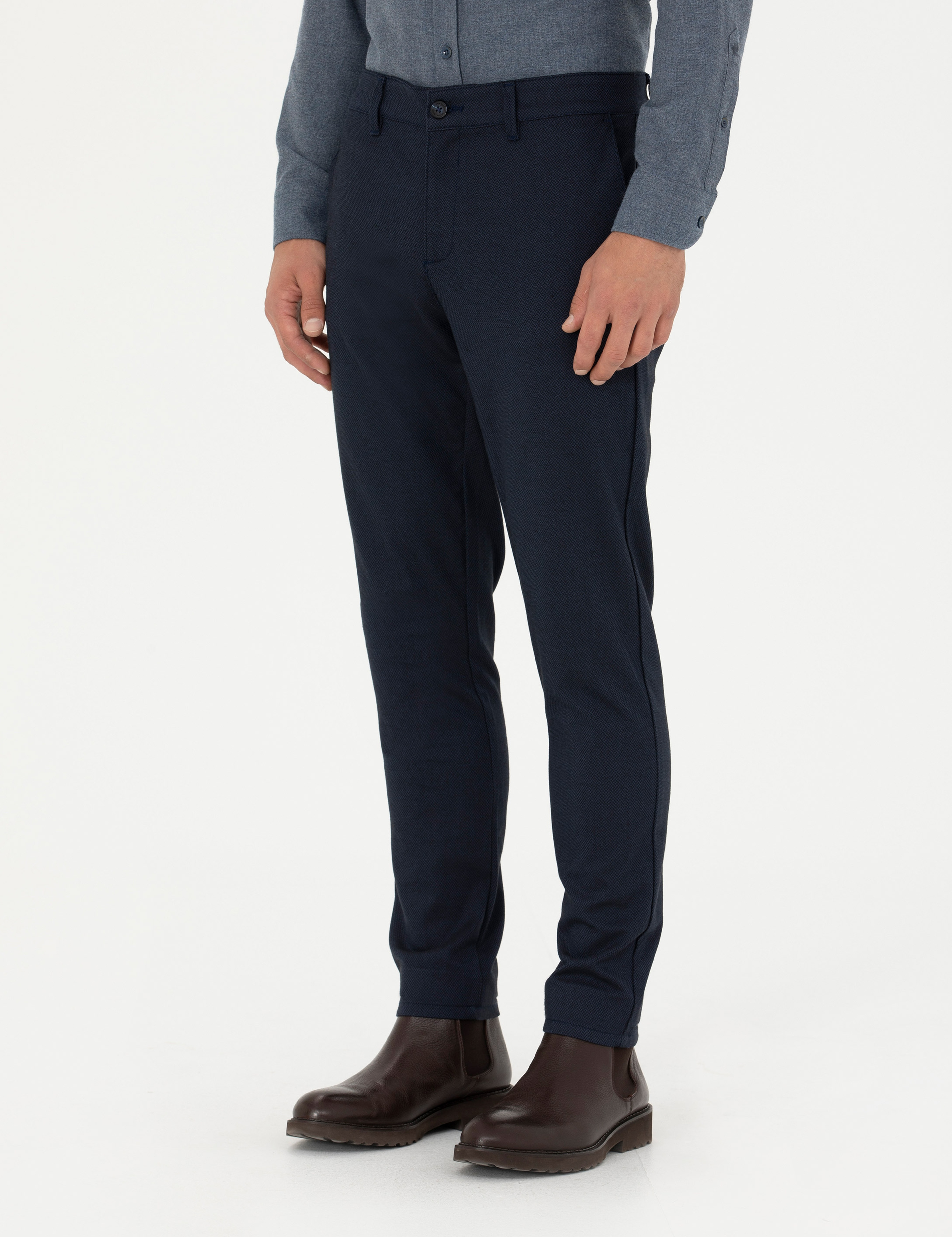 Lacivert Armürlü Slim Fit Kanvas Pantolon - Image 2